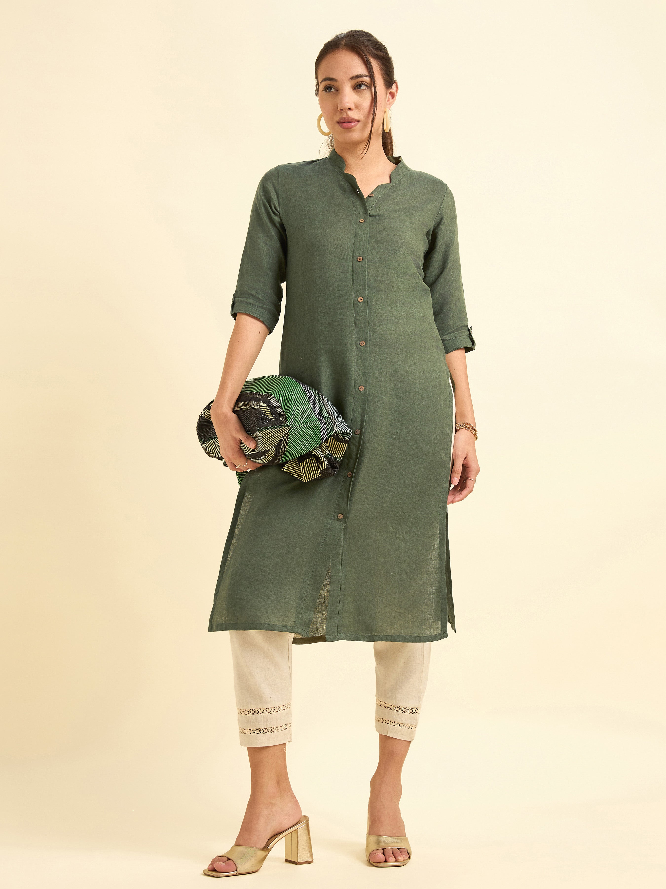 Olive Green Colour Linen Plain Slitted Kurti With Full Placket