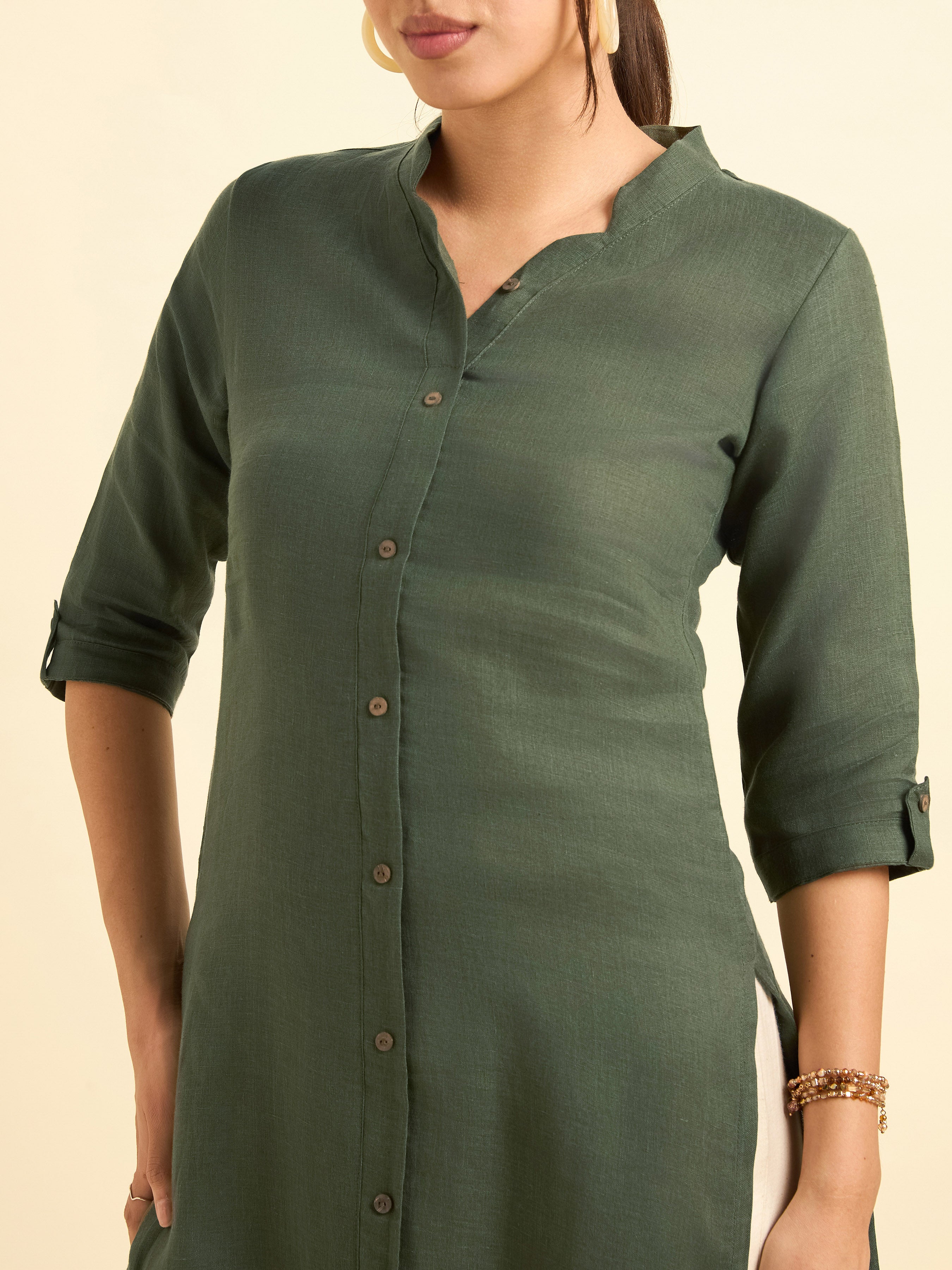Olive Green Colour Linen Plain Slitted Kurti With Full Placket