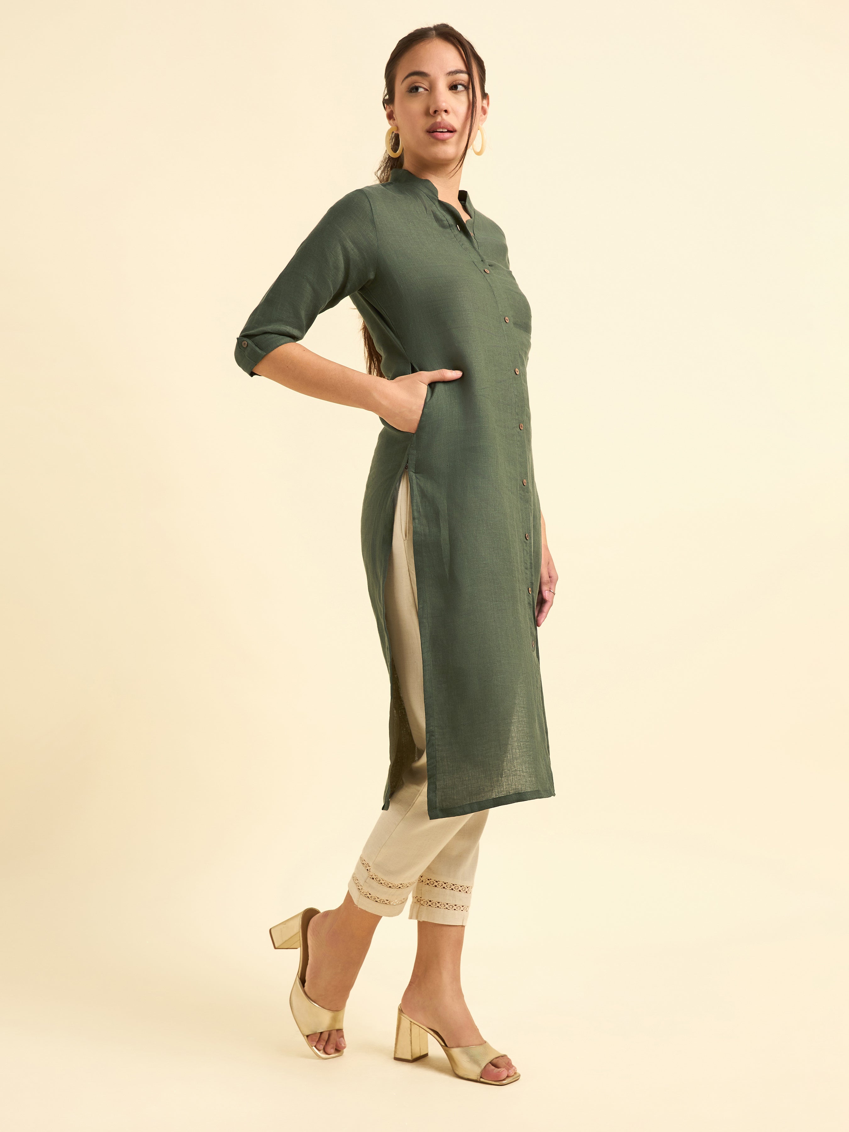 Olive Green Colour Linen Plain Slitted Kurti With Full Placket