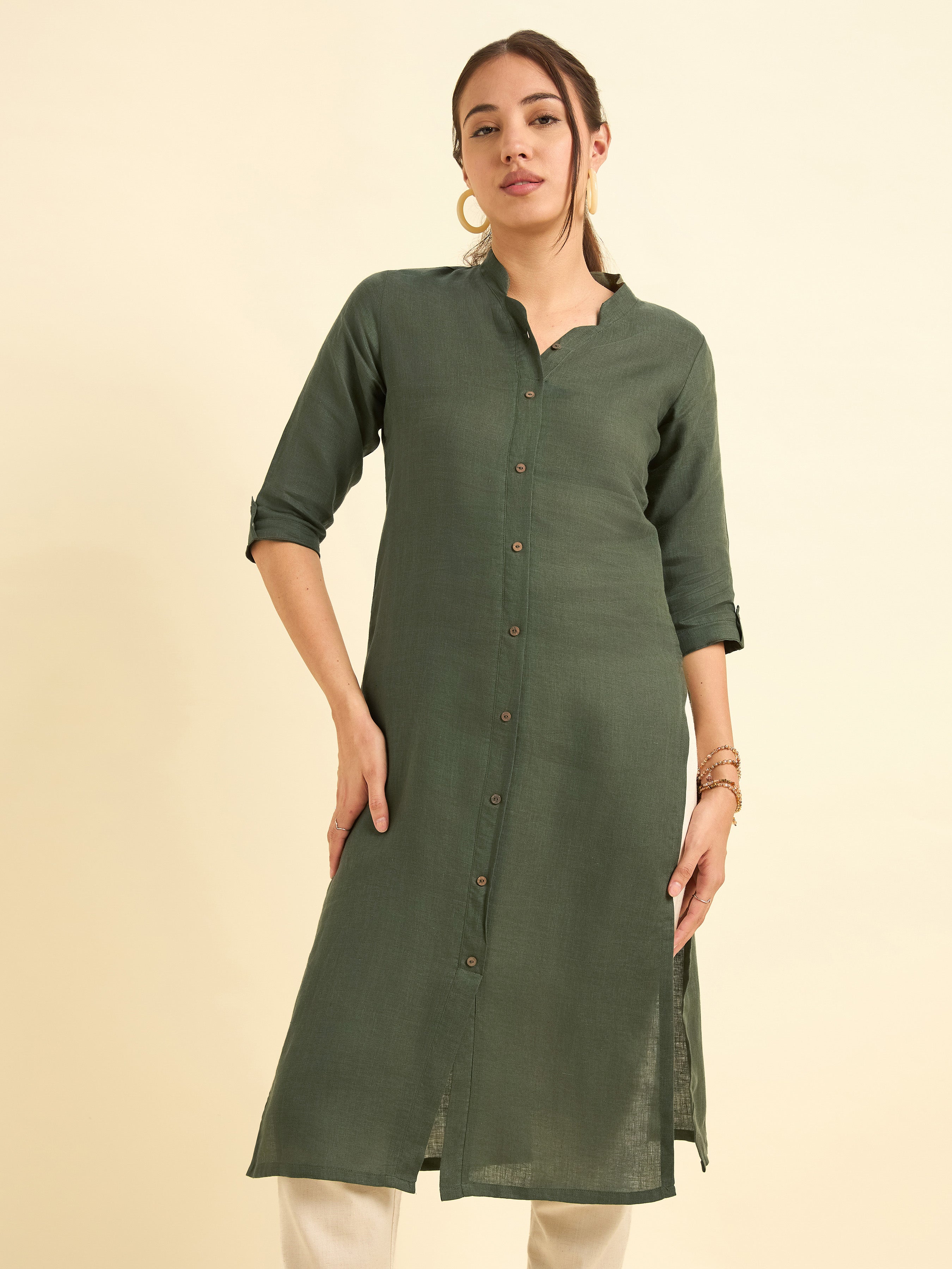 Olive Green Colour Linen Plain Slitted Kurti With Full Placket