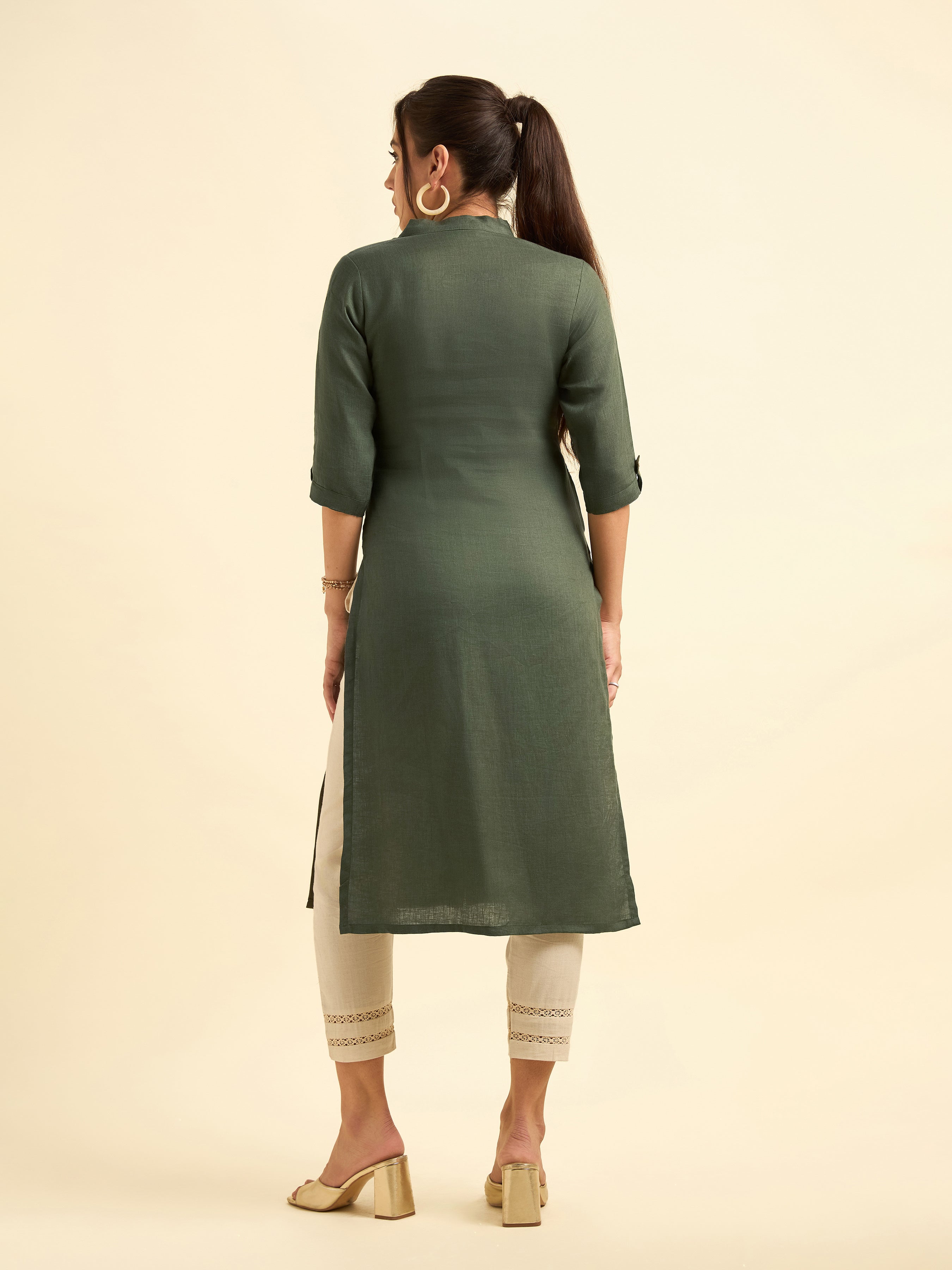 Olive Green Colour Linen Plain Slitted Kurti With Full Placket