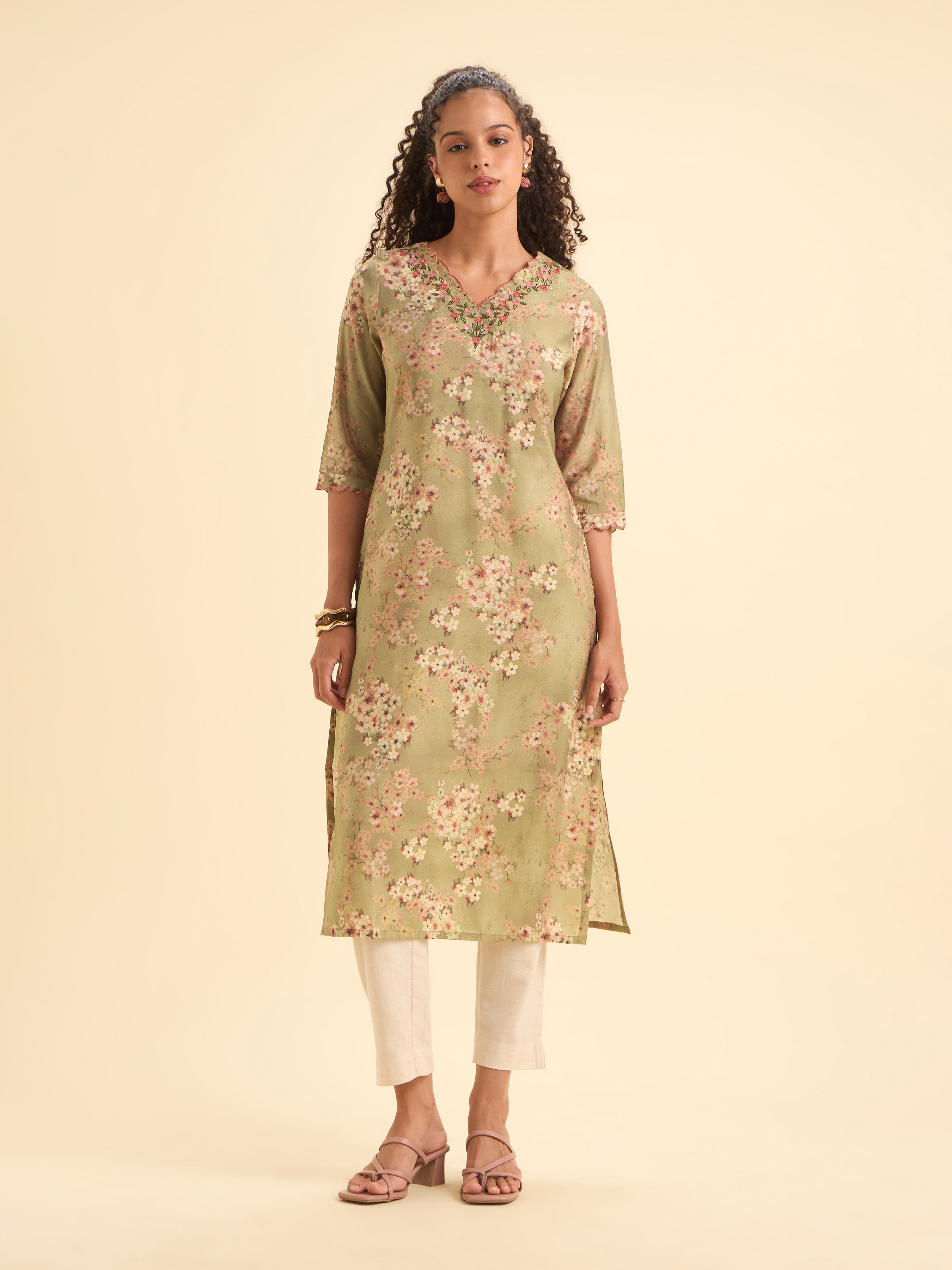 Olive Green Multi Colour Modal Chanderi Printed Slit Kurti With Embroidery Sequins Work