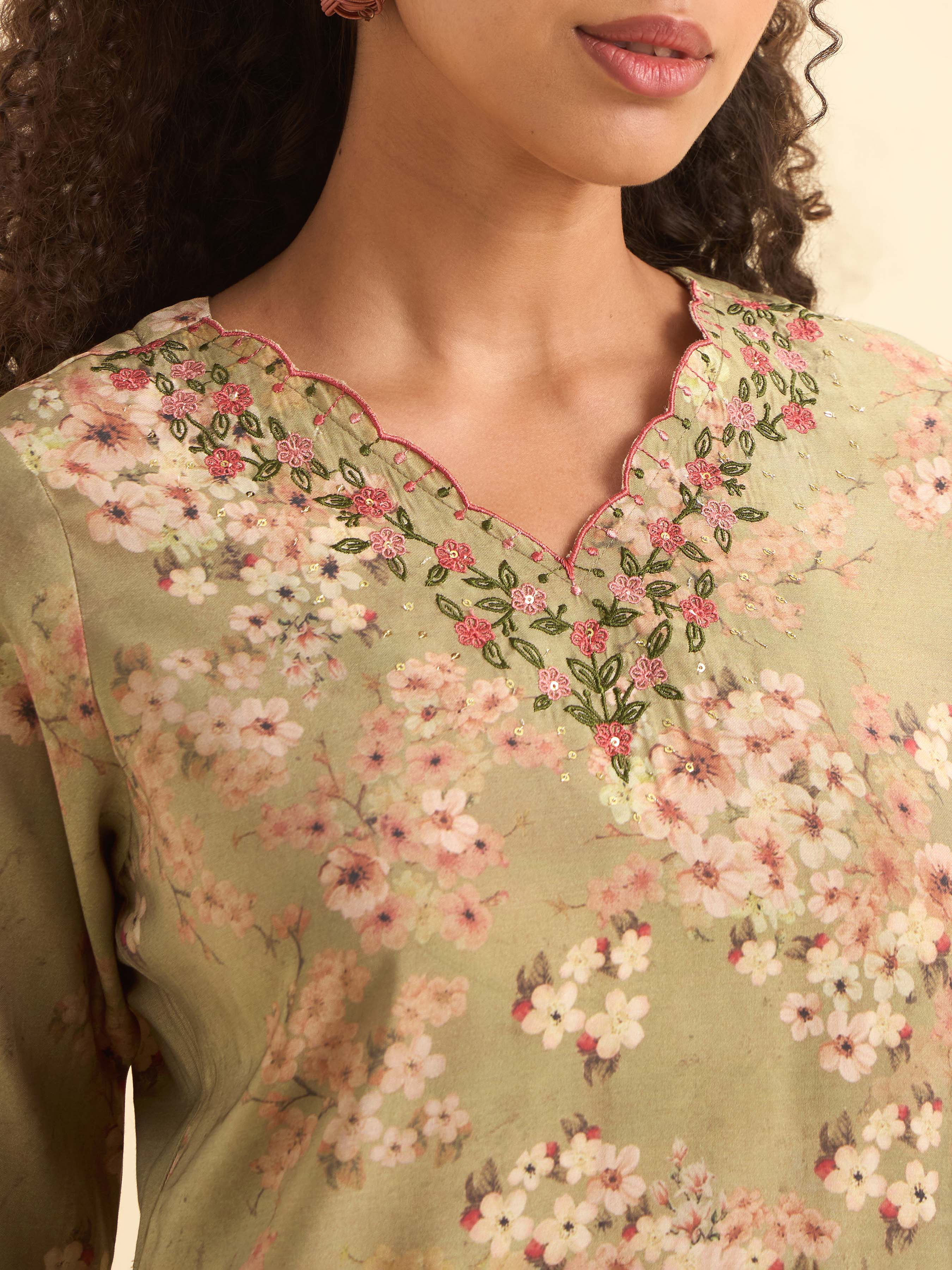 Olive Green Multi Colour Modal Chanderi Printed Slit Kurti With Embroidery Sequins Work