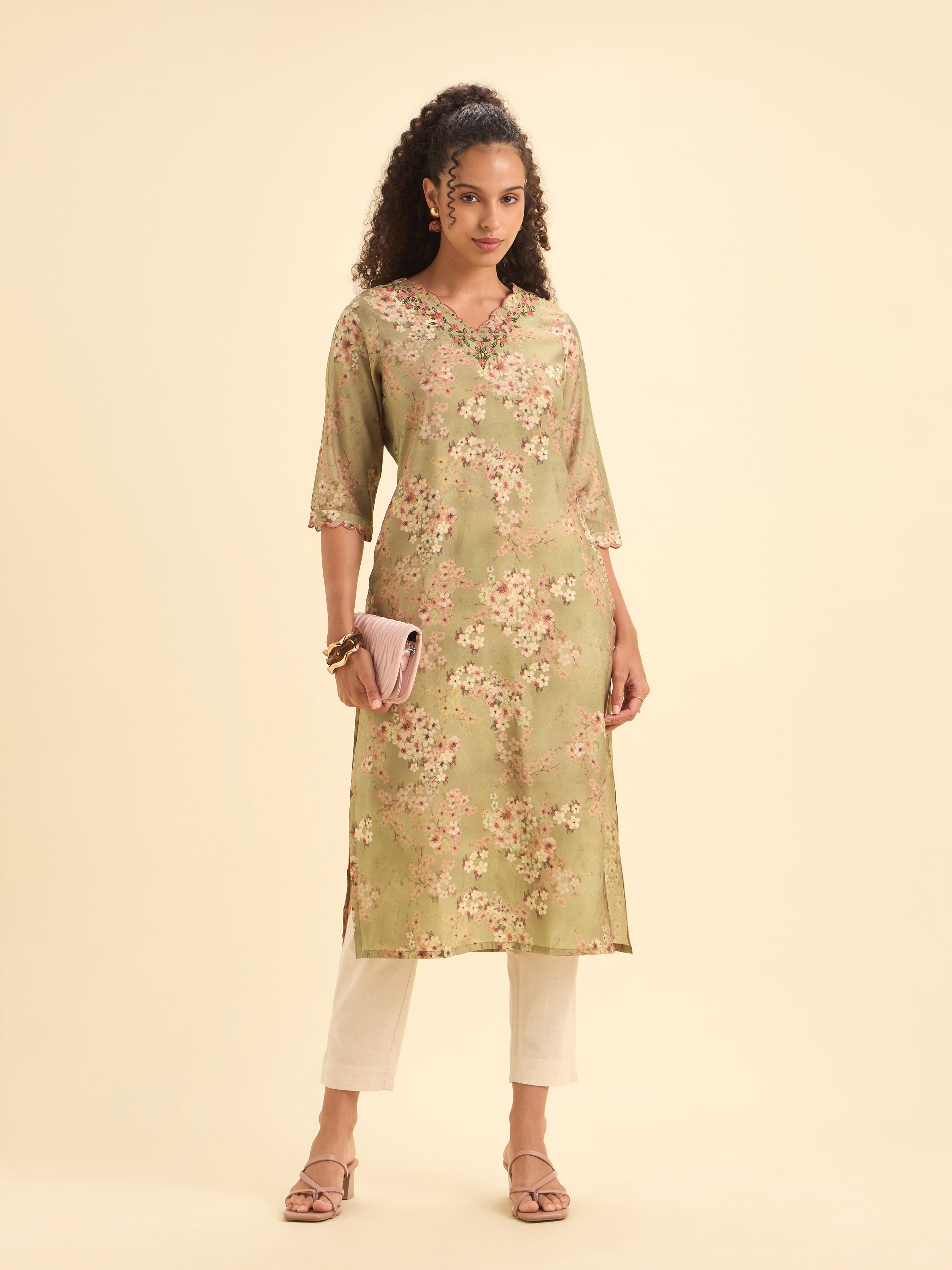 Olive Green Multi Colour Modal Chanderi Printed Slit Kurti With Embroidery Sequins Work