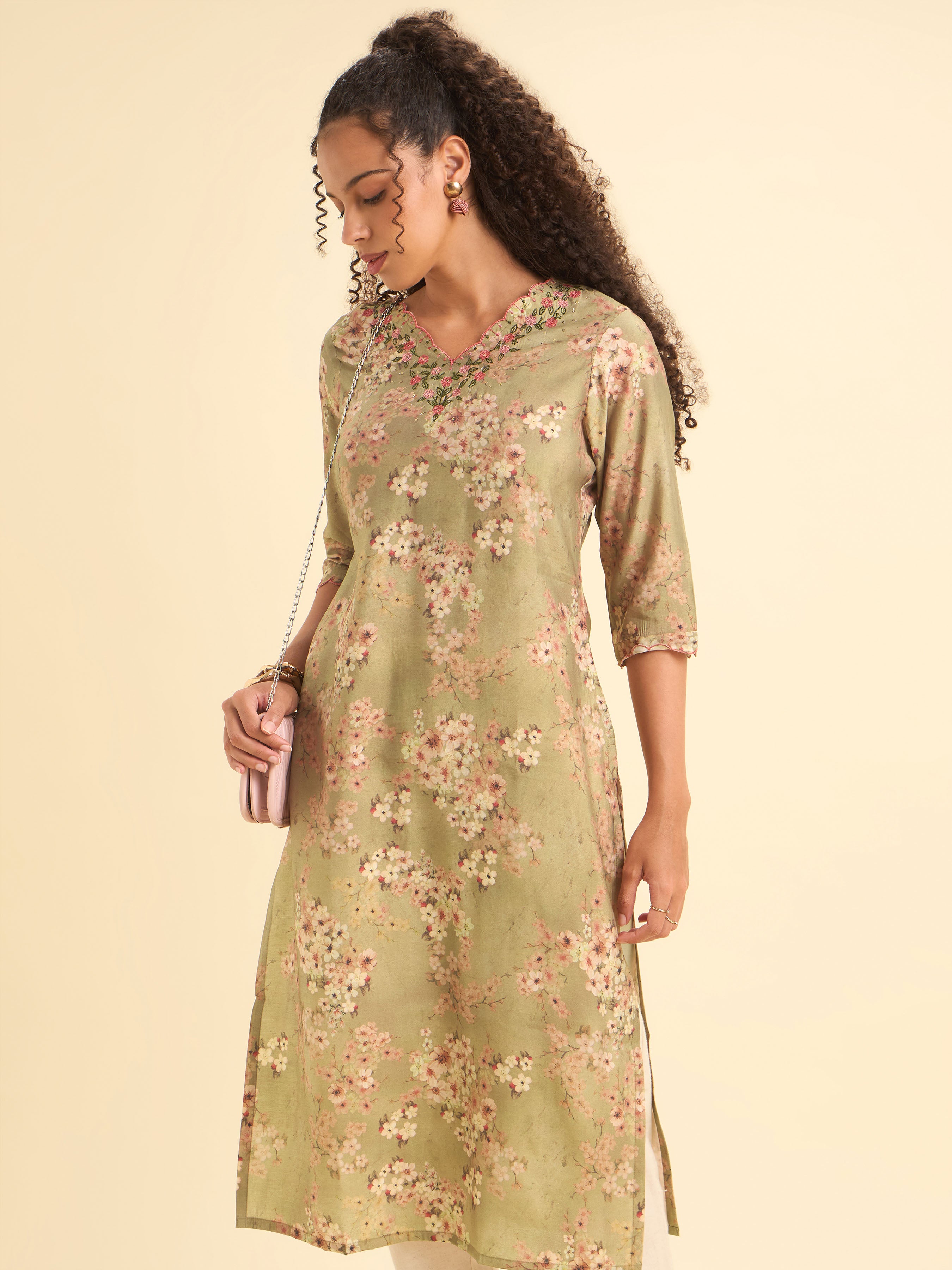 Olive Green Multi Colour Modal Chanderi Printed Slit Kurti With Embroidery Sequins Work