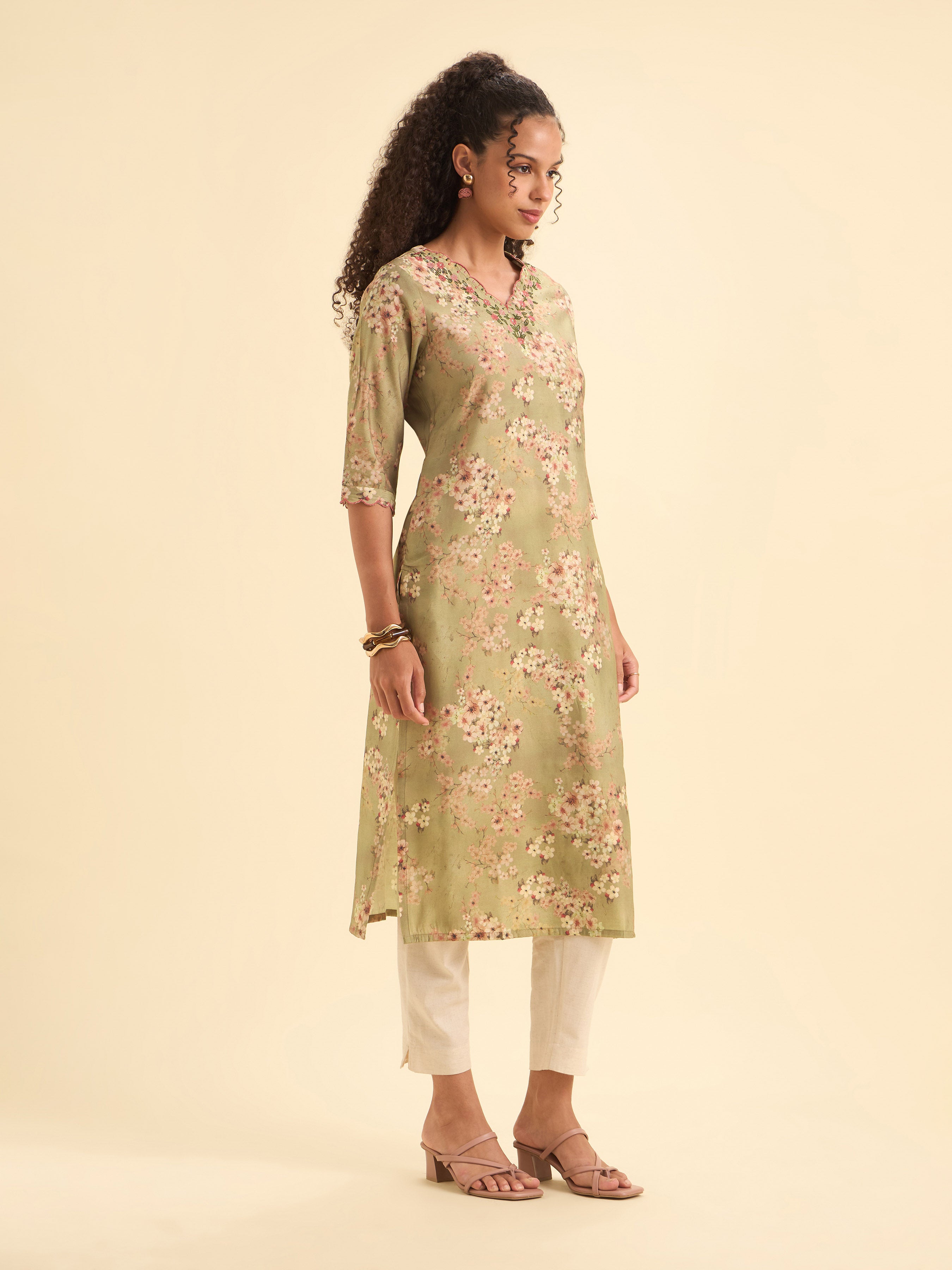 Olive Green Multi Colour Modal Chanderi Printed Slit Kurti With Embroidery Sequins Work