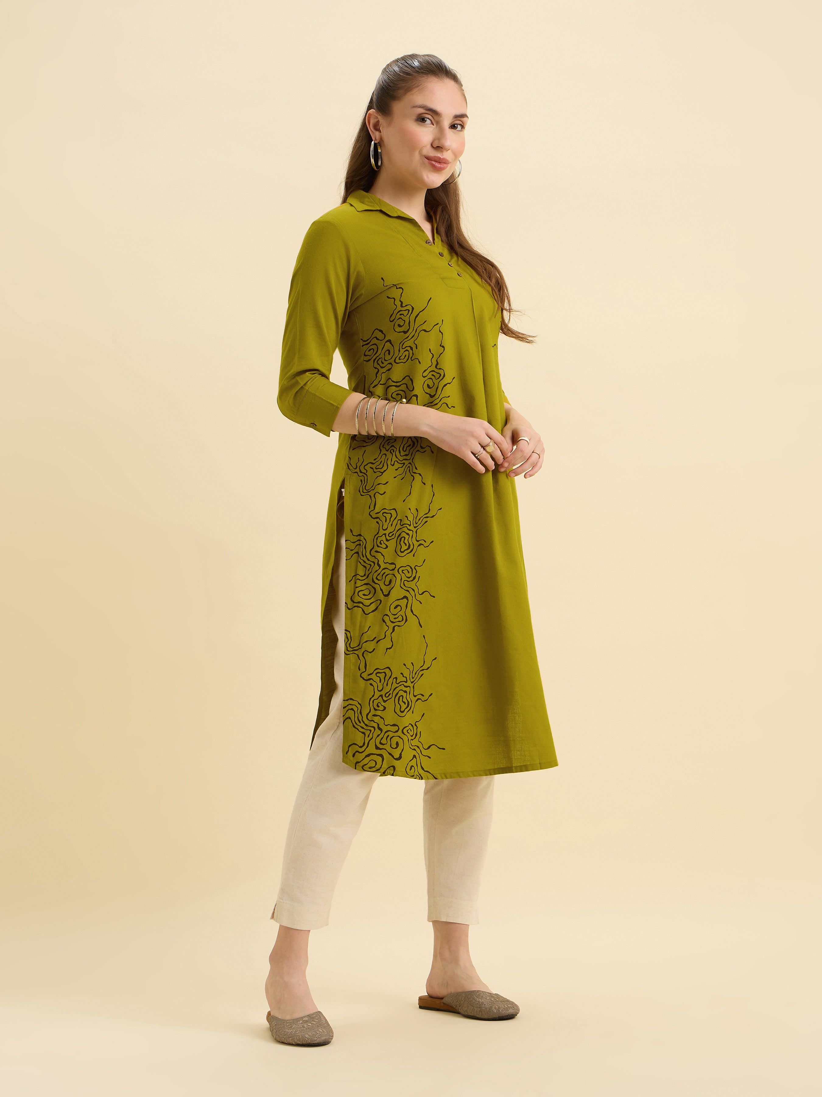 Olive Yellow Cotton Viscose Plain Slit Kurti With Placement Print, Knife Pleats & Curved Hemline