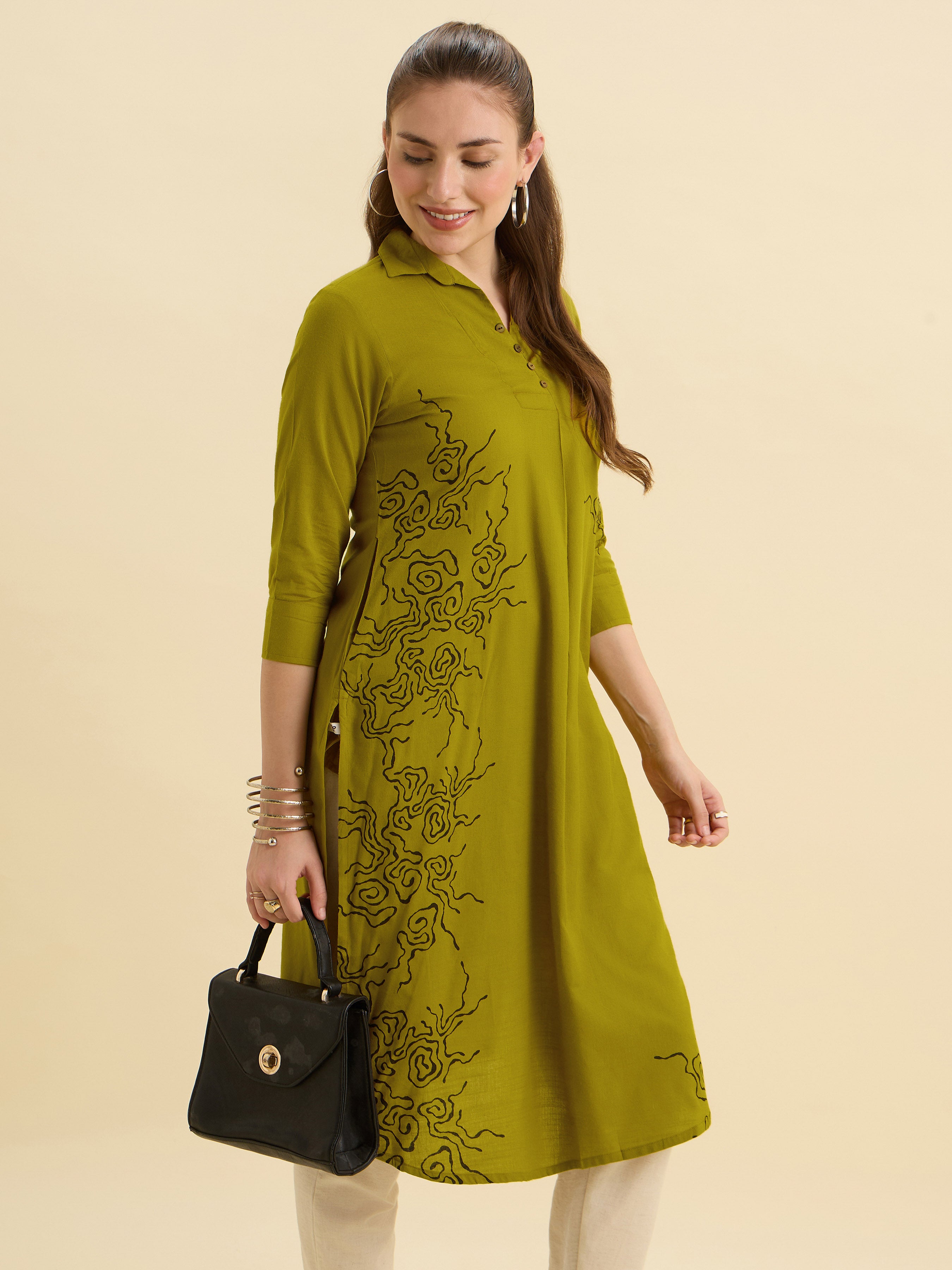 Olive Yellow Cotton Viscose Plain Slit Kurti With Placement Print, Knife Pleats & Curved Hemline