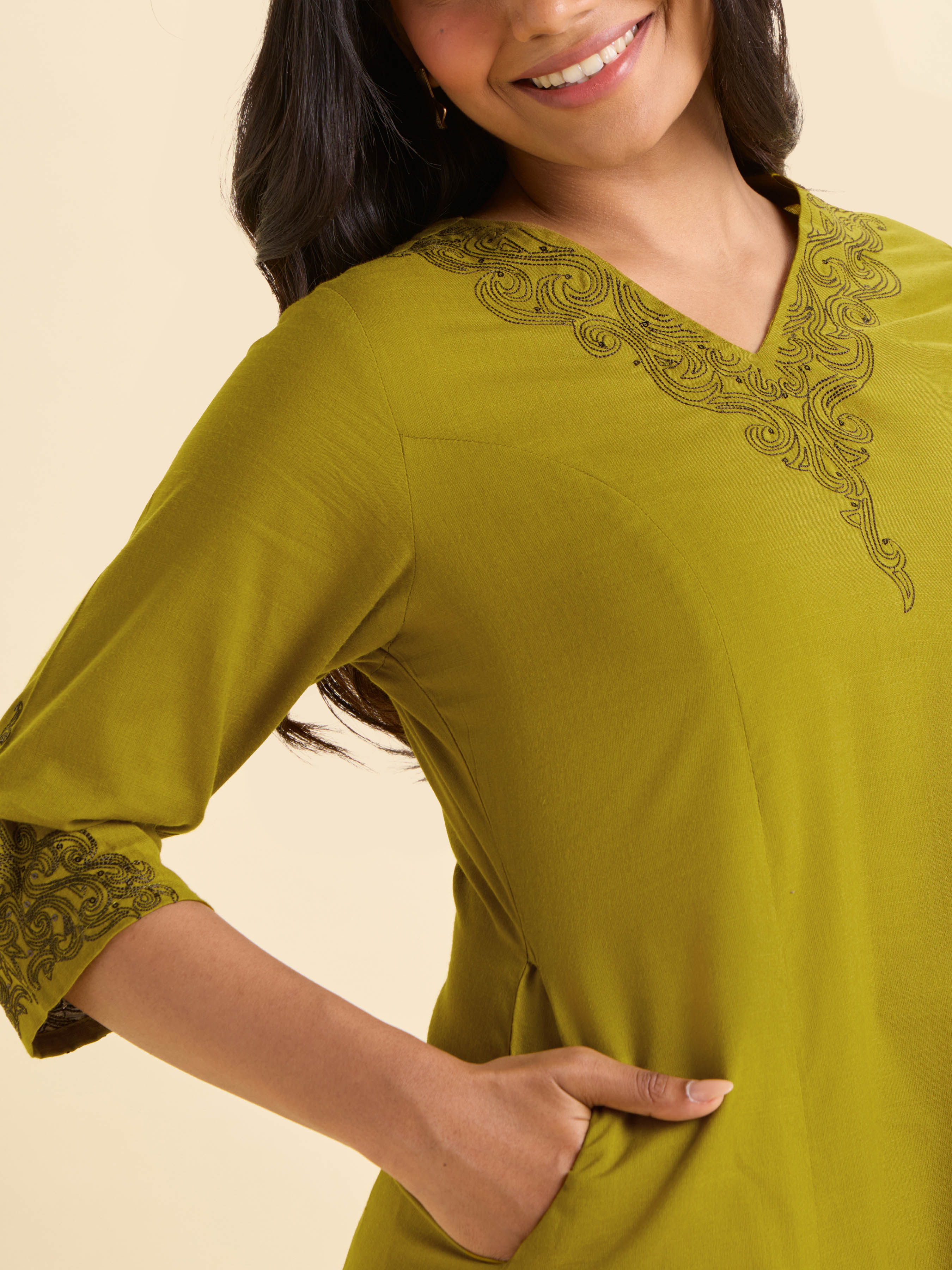 Olive Yellow Cotton Viscose Plain Slub Flared Kurti With Sequins Embroidery