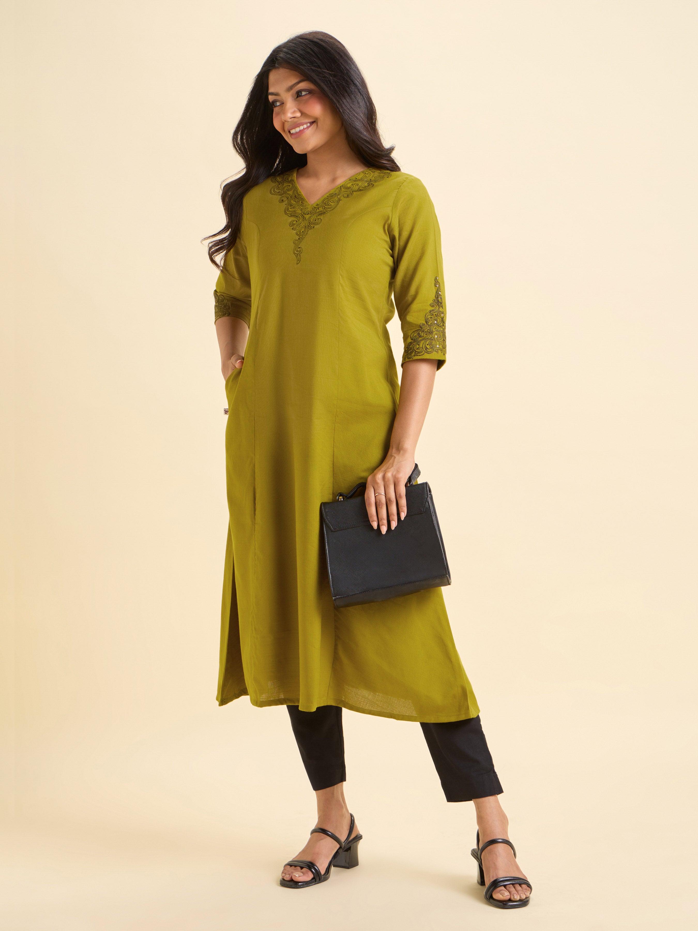 Olive Yellow Cotton Viscose Plain Slub Flared Kurti With Sequins Embroidery