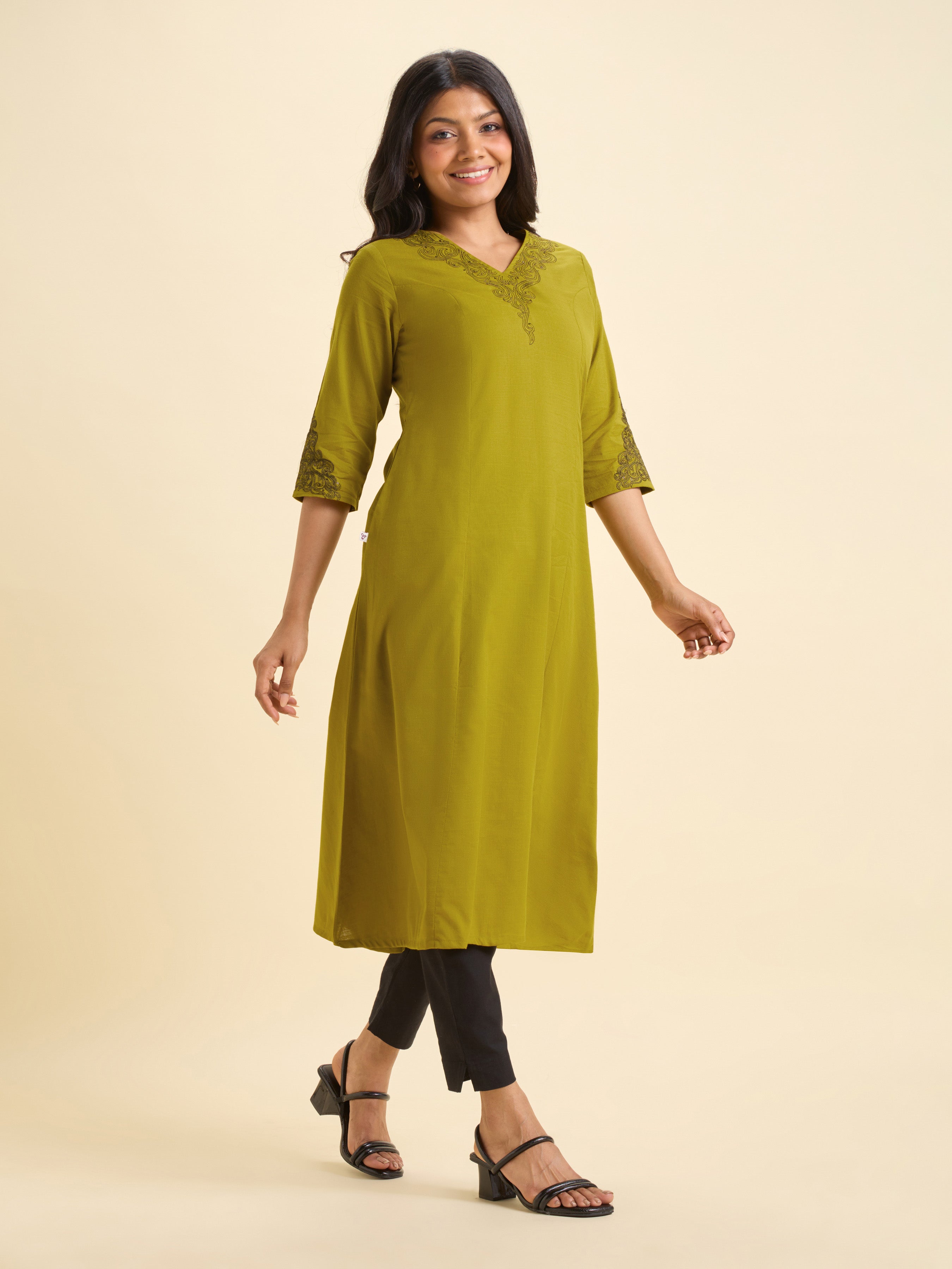 Olive Yellow Cotton Viscose Plain Slub Flared Kurti With Sequins Embroidery