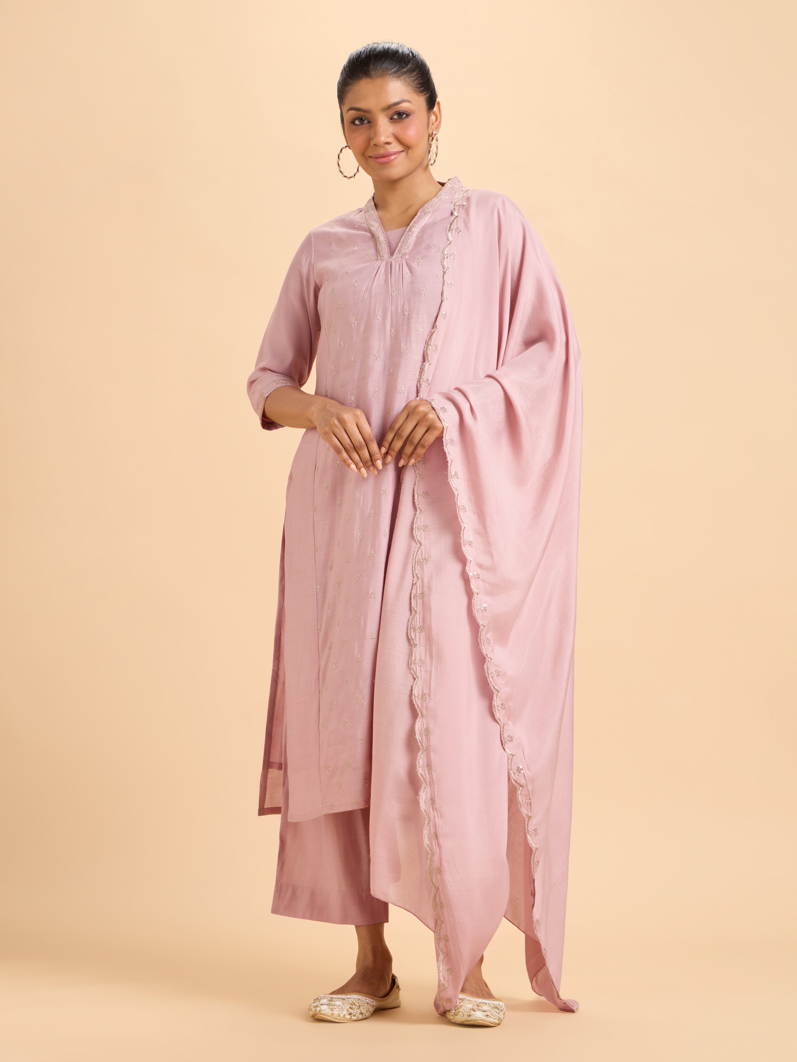 Onion Pink Plain Chanderi Flared Kurti Set With Dupatta And Embroidery