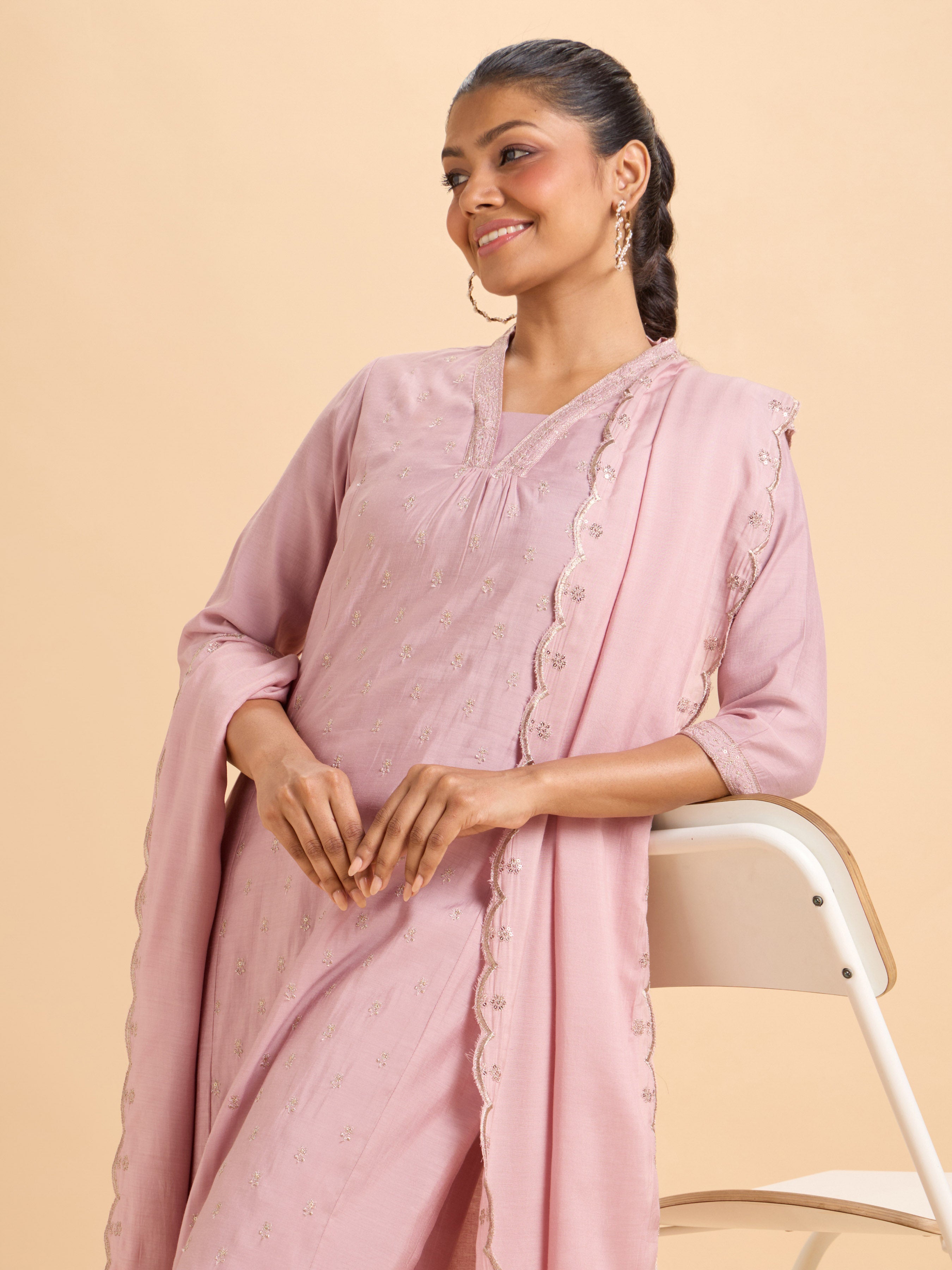 Onion Pink Plain Chanderi Flared Kurti Set With Dupatta And Embroidery