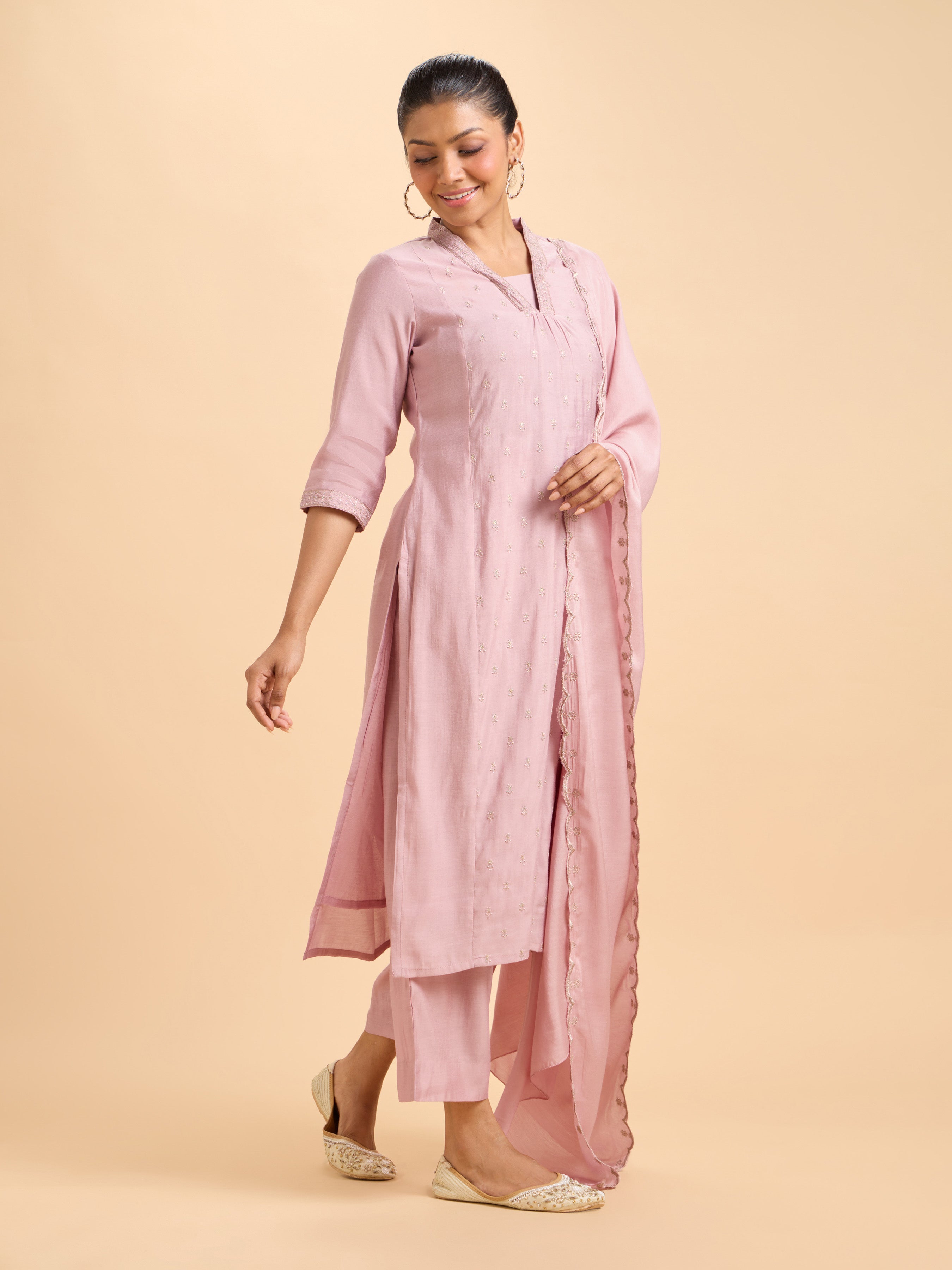 Onion Pink Plain Chanderi Flared Kurti Set With Dupatta And Embroidery