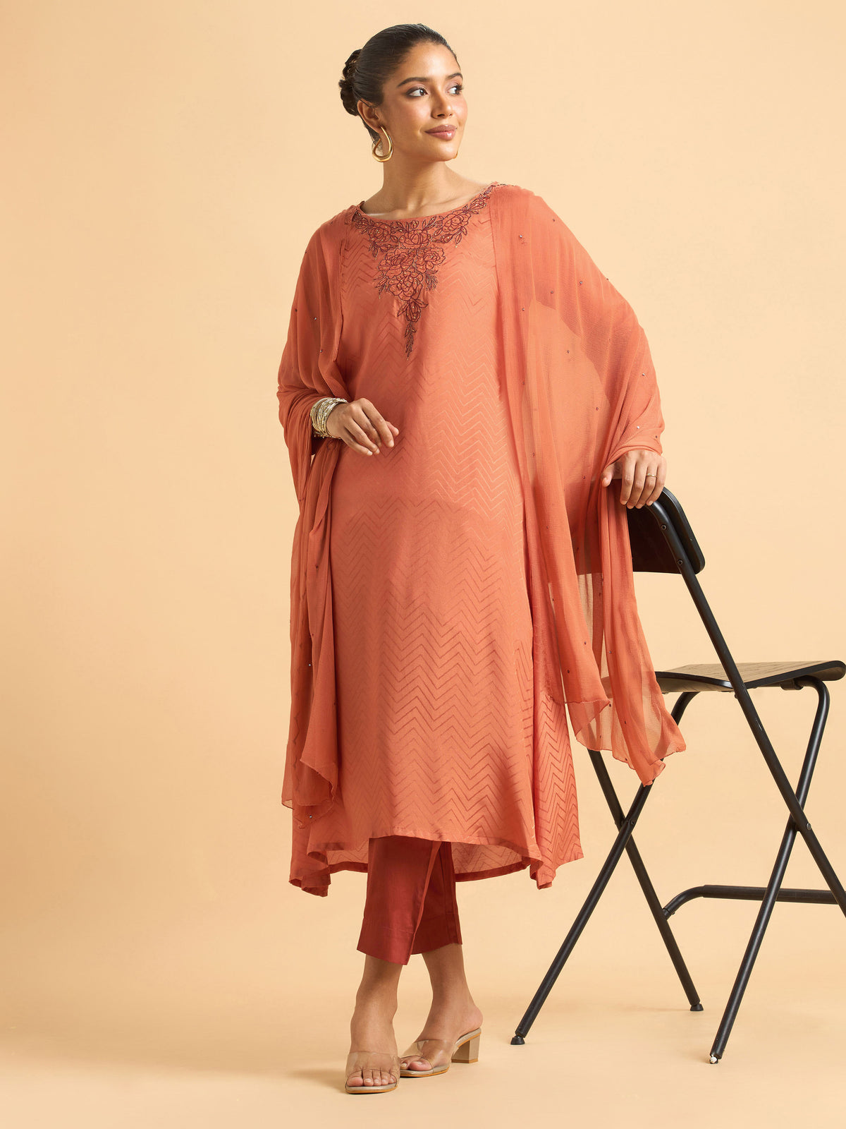 Orange Viscose Jacquard Plain Kurti Set With Cut Bead Embroidery And Dupatta