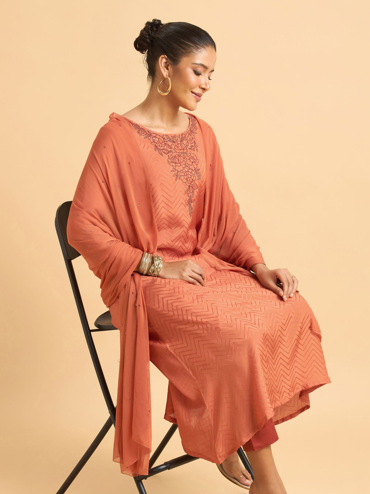 Orange Viscose Jacquard Plain Kurti Set With Cut Bead Embroidery And Dupatta