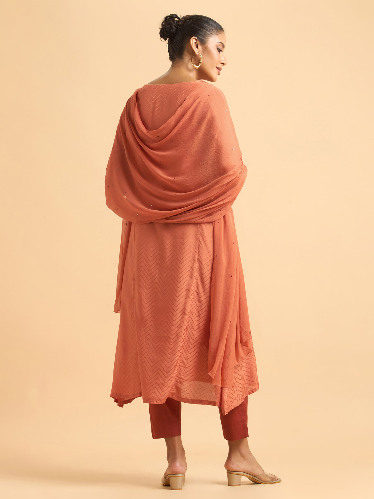 Orange Viscose Jacquard Plain Kurti Set With Cut Bead Embroidery And Dupatta