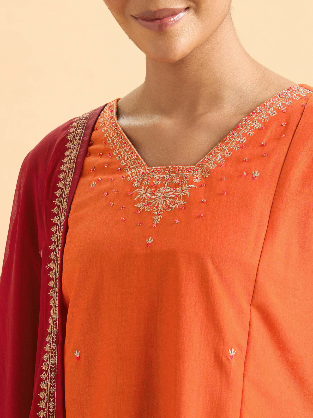 Orange Poly Viscose Plain Kurti Set With Sequins And Sugar Bead Embroidery With Contrast Dupatta