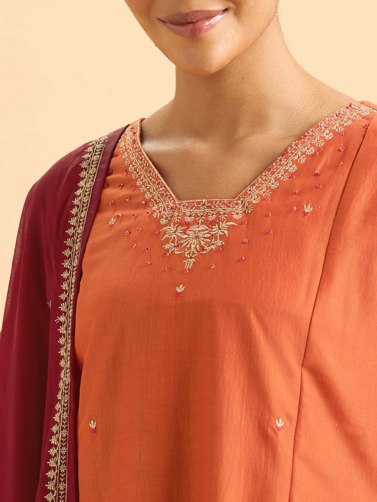 Orange Poly Viscose Plain Kurti Set With Sequins And Sugar Bead Embroidery With Contrast Dupatta