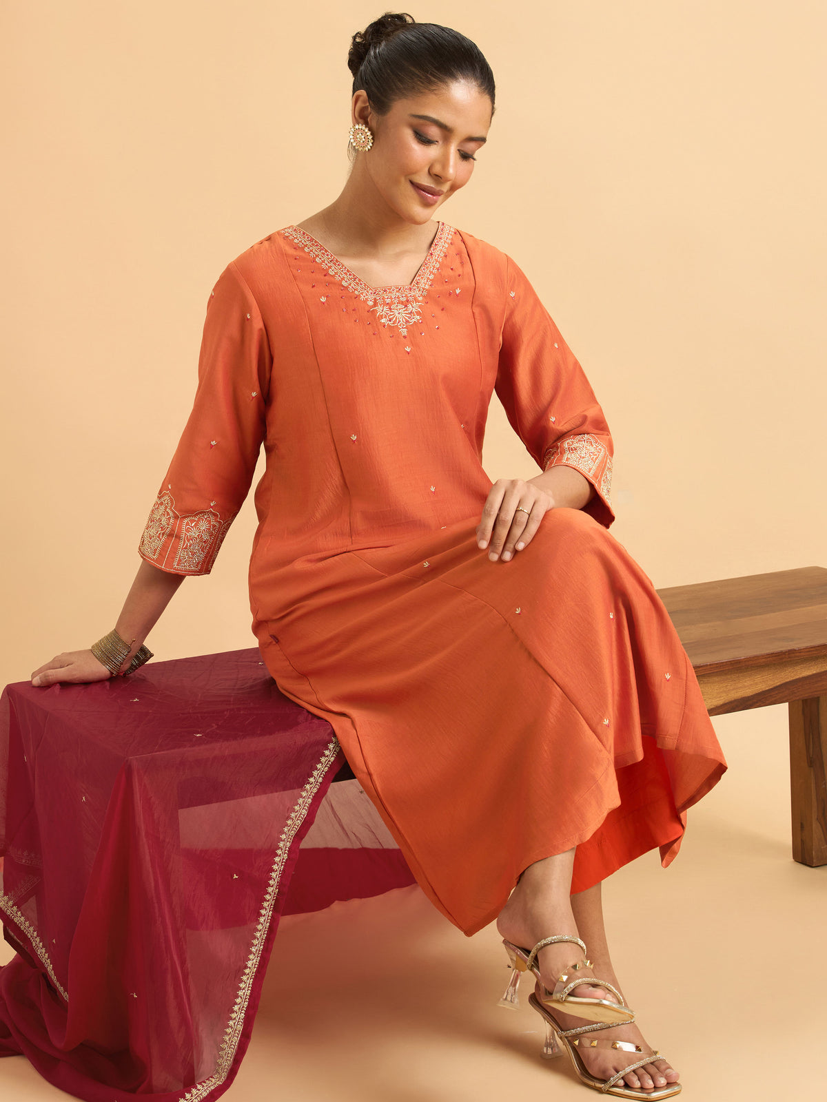 Orange Poly Viscose Plain Kurti Set With Sequins And Sugar Bead Embroidery With Contrast Dupatta