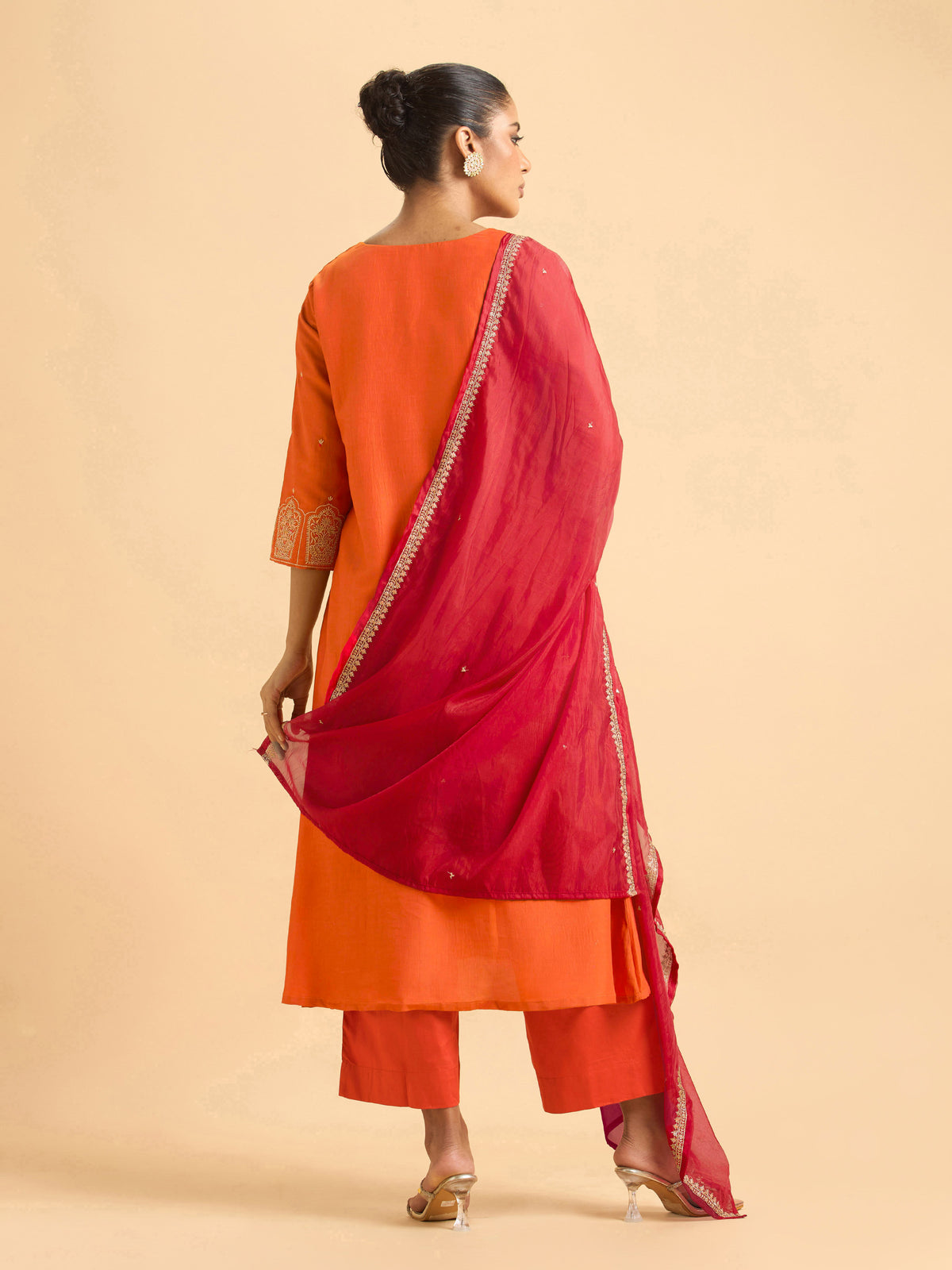 Orange Poly Viscose Plain Kurti Set With Sequins And Sugar Bead Embroidery With Contrast Dupatta