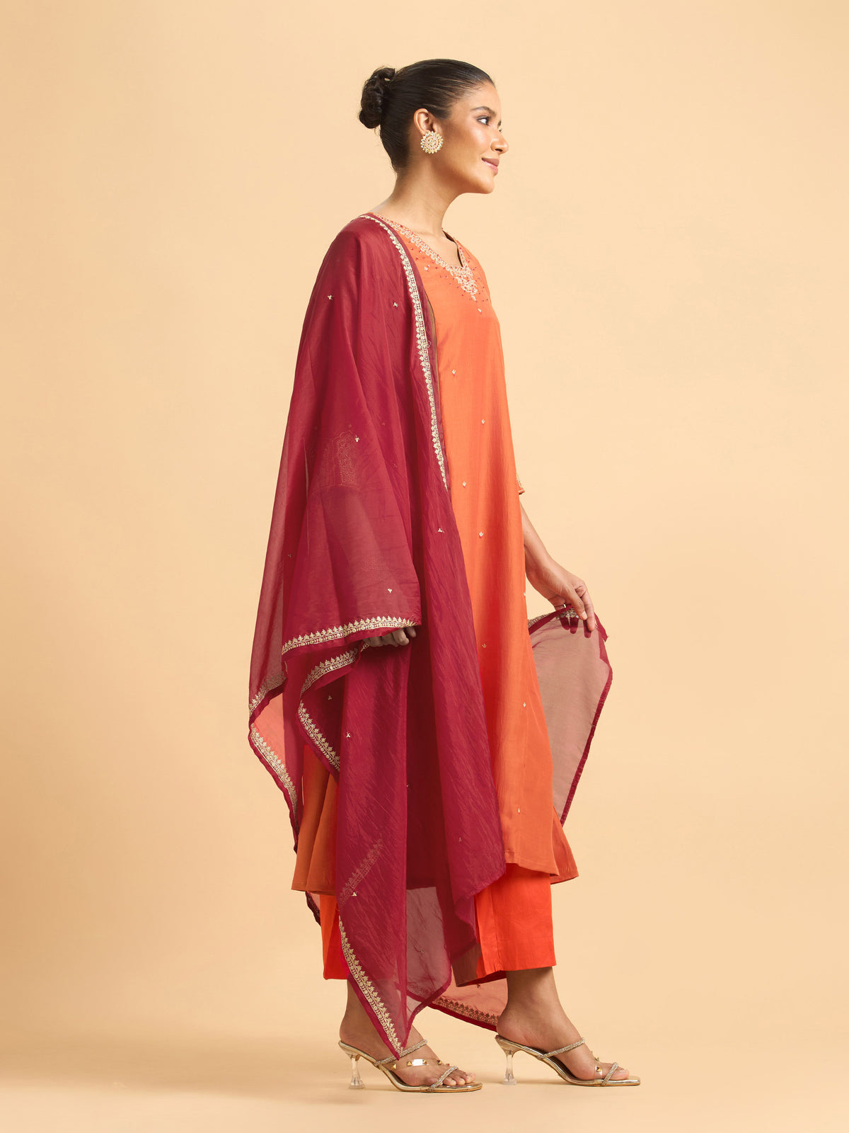 Orange Poly Viscose Plain Kurti Set With Sequins And Sugar Bead Embroidery With Contrast Dupatta