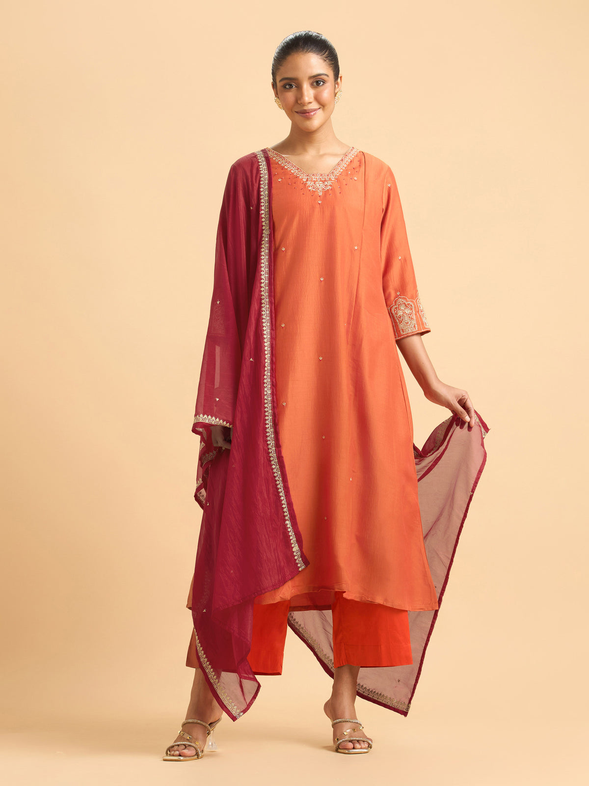 Orange Poly Viscose Plain Kurti Set With Sequins And Sugar Bead Embroidery With Contrast Dupatta