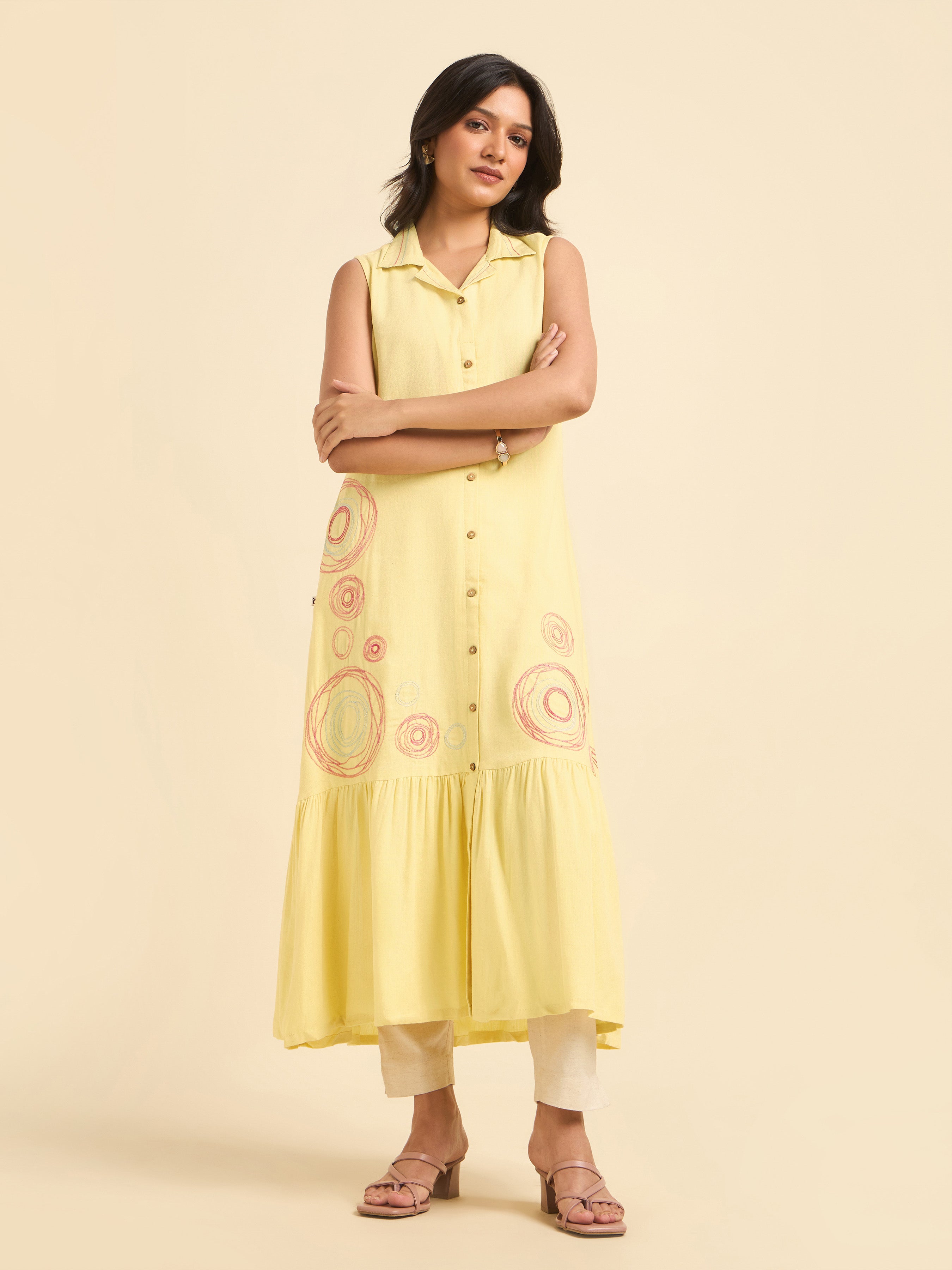 Pale Yellow Viscose Linen Plain Flared Sleeveless Kurti With Embroidery