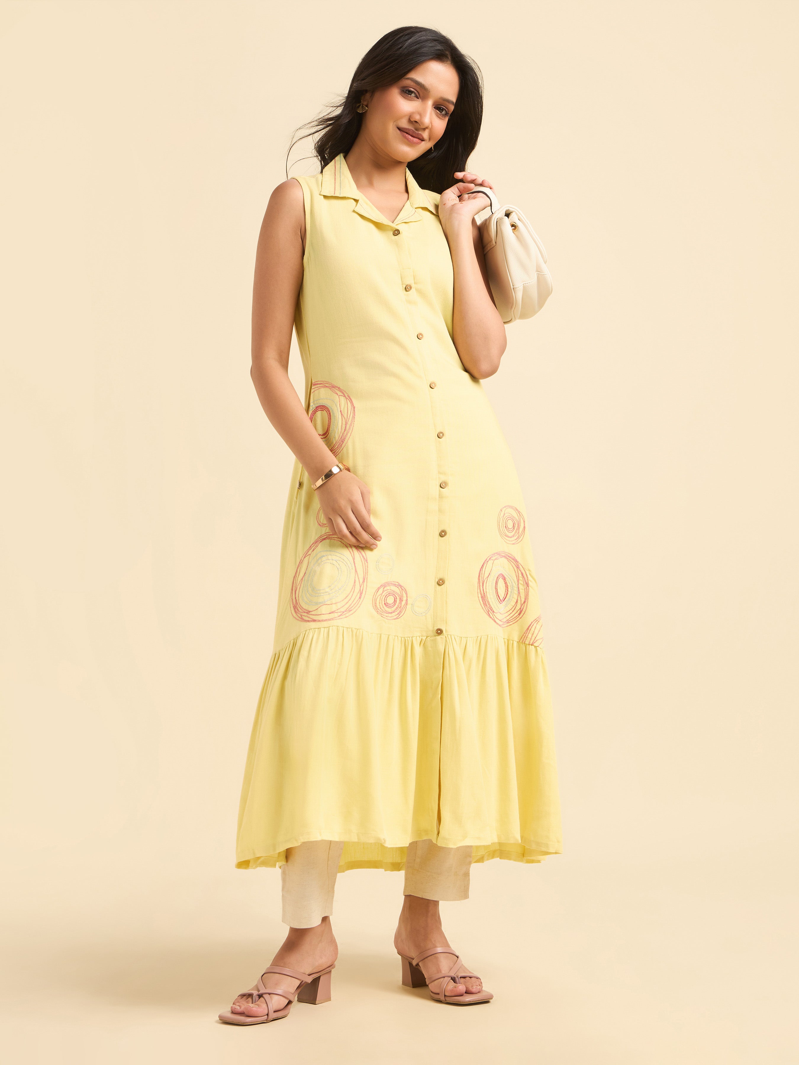 Pale Yellow Viscose Linen Plain Flared Sleeveless Kurti With Embroidery