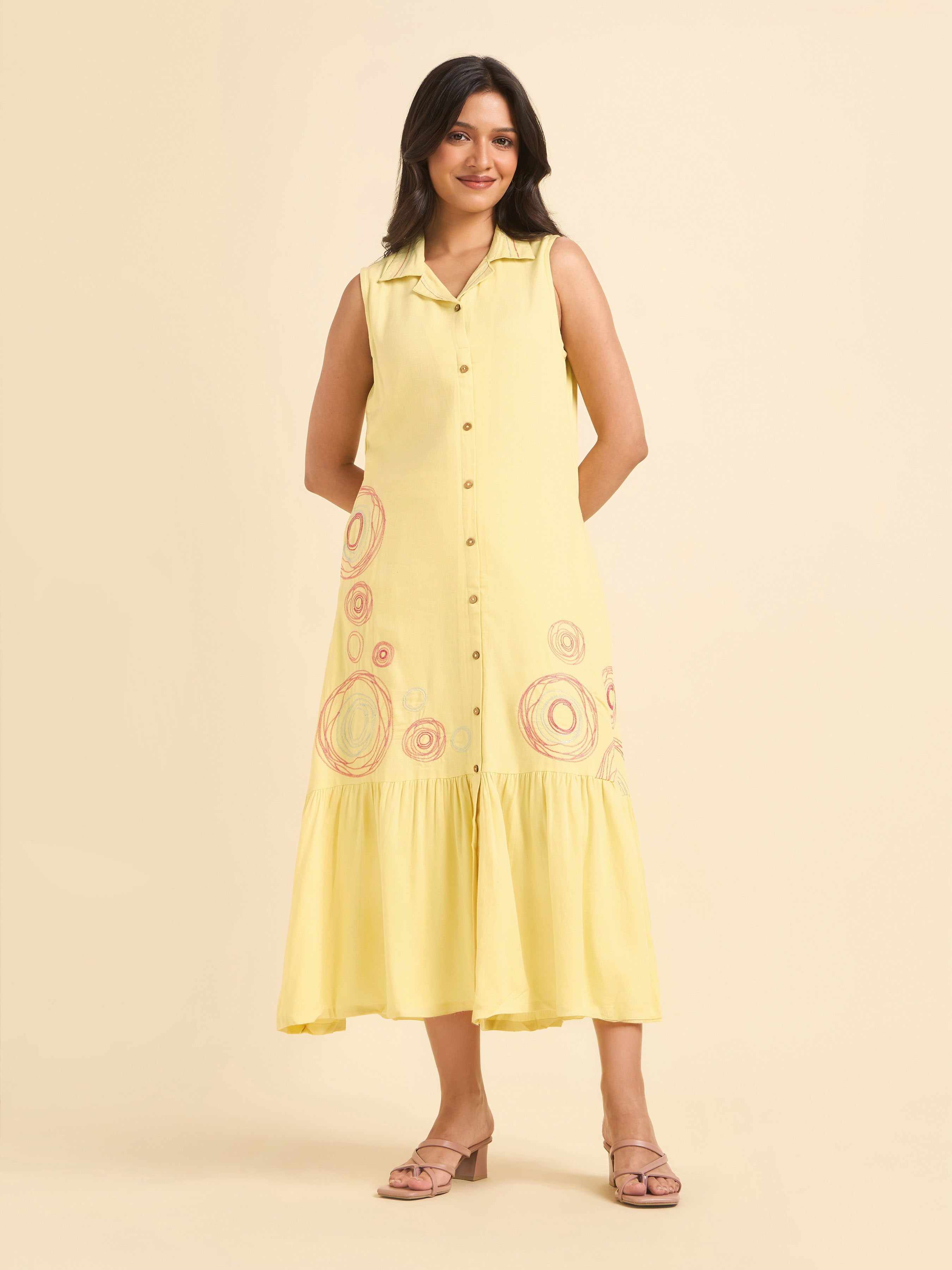 Pale Yellow Viscose Linen Plain Flared Sleeveless Kurti With Embroidery
