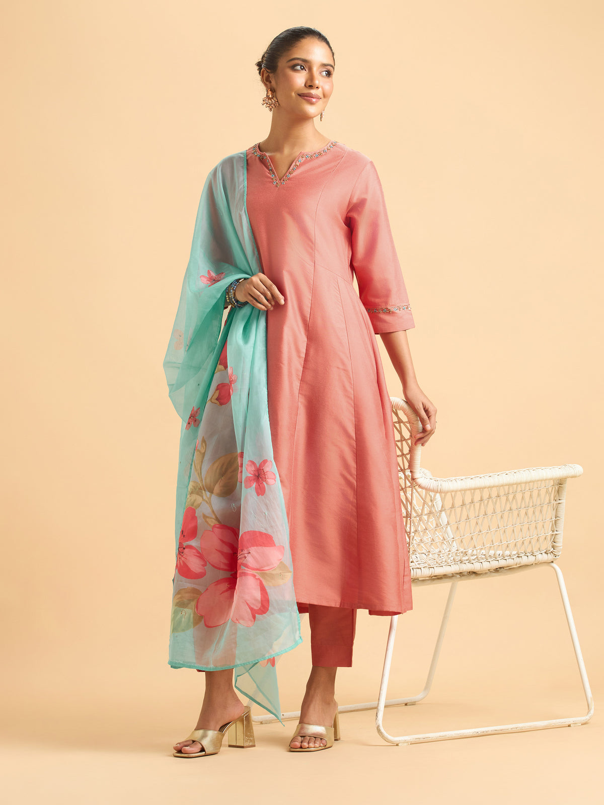 Peach Plain Viscose Flared Kurti Set With Embroidery Hand Work Styled With Printed Dupatta