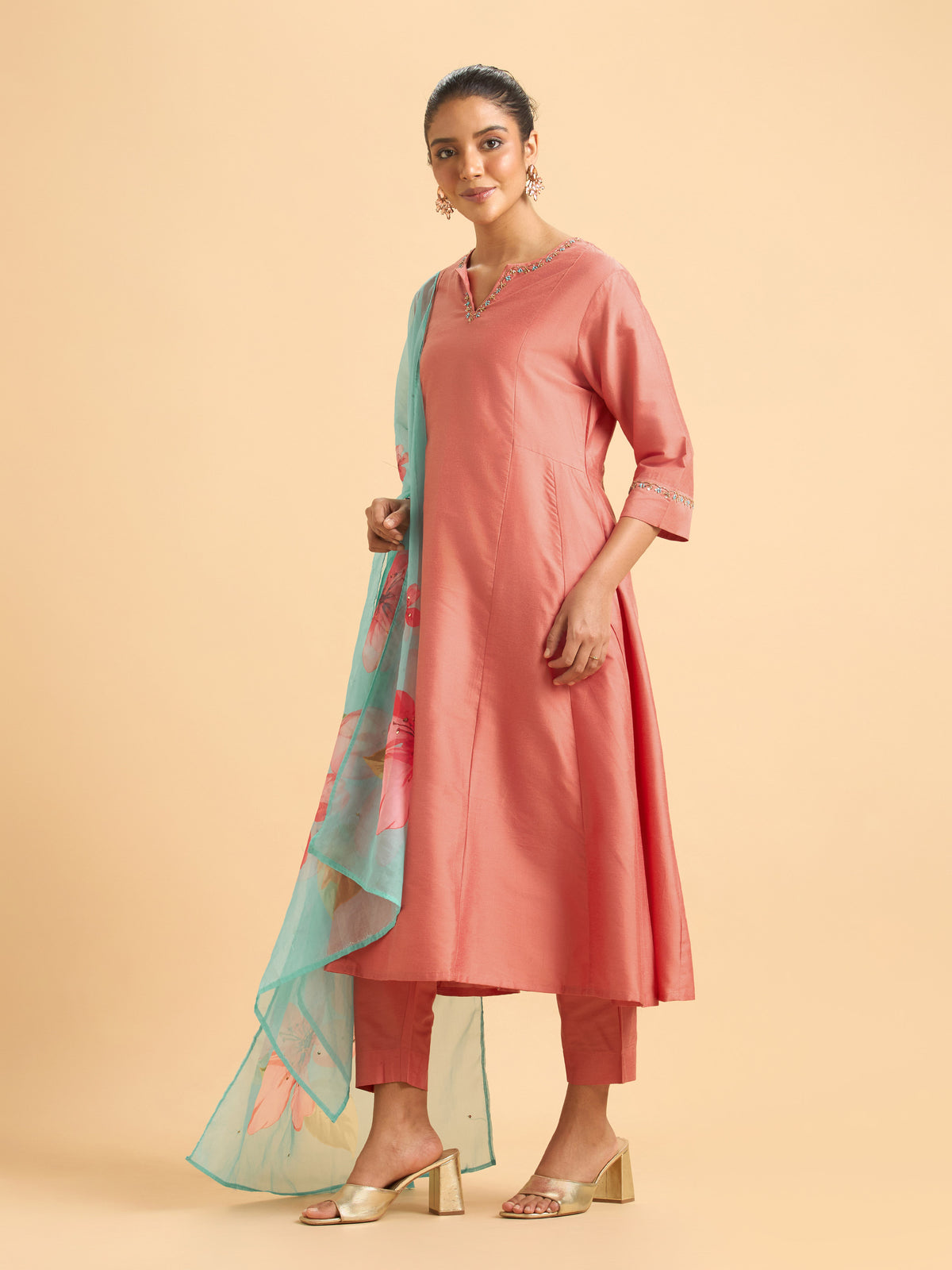 Peach Plain Viscose Flared Kurti Set With Embroidery Hand Work Styled With Printed Dupatta