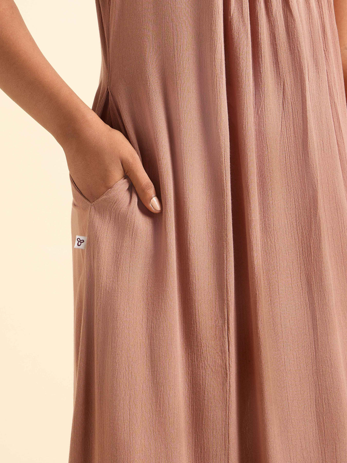Peach Brown Wrinkle Viscose Plain Flared Center Panel Kurti With Yoke And Sequins Embroidery.