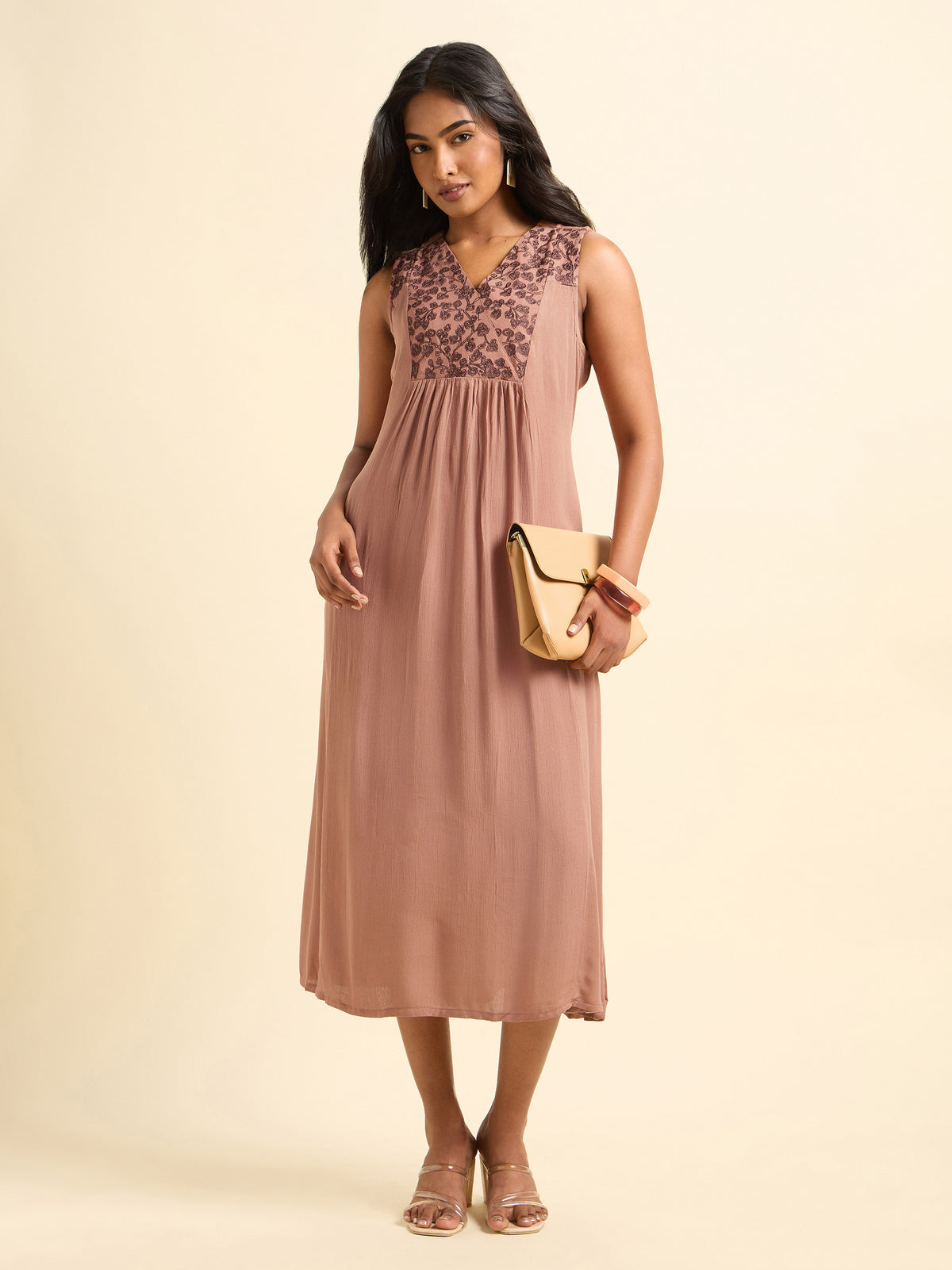Peach Brown Wrinkle Viscose Plain Flared Center Panel Kurti With Yoke And Sequins Embroidery.