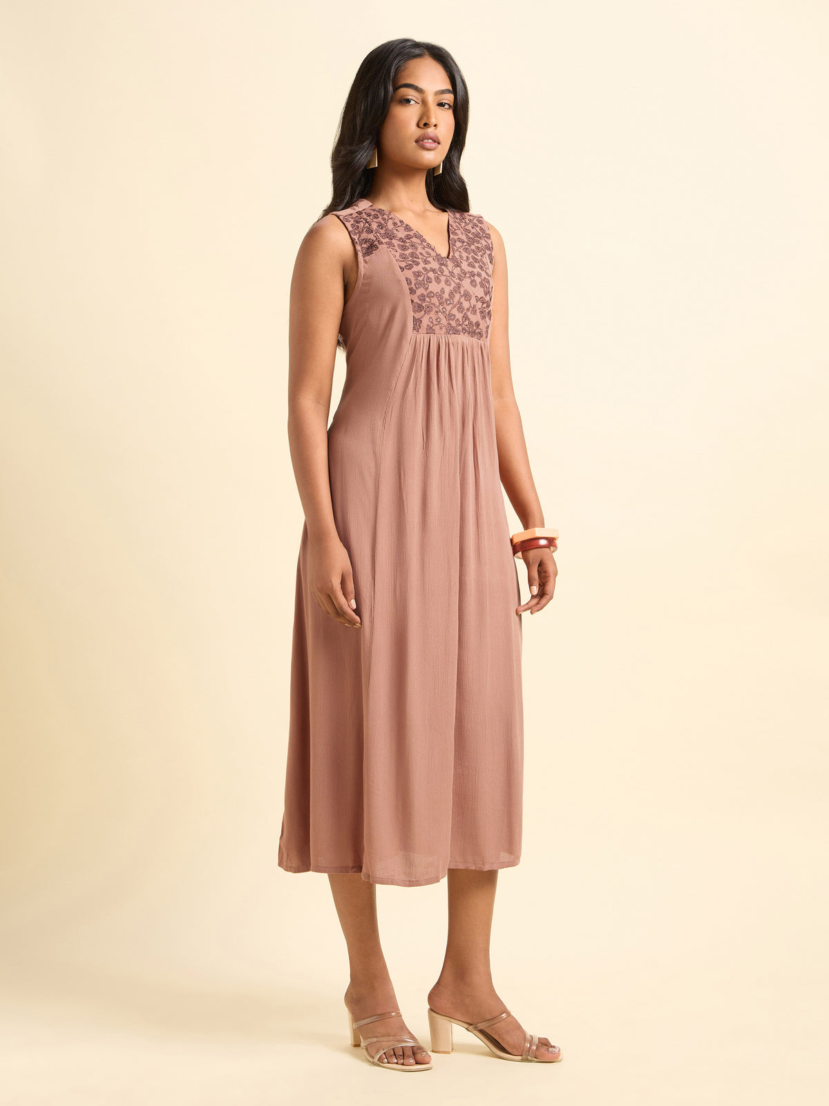 Peach Brown Wrinkle Viscose Plain Flared Center Panel Kurti With Yoke And Sequins Embroidery.