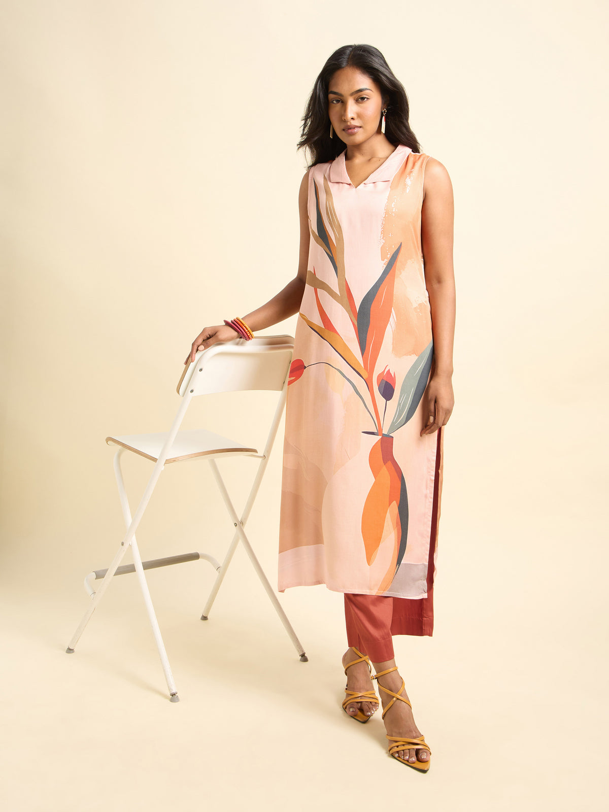 Peach Multi Colour Modal Satin Placement Printed Kurti Set