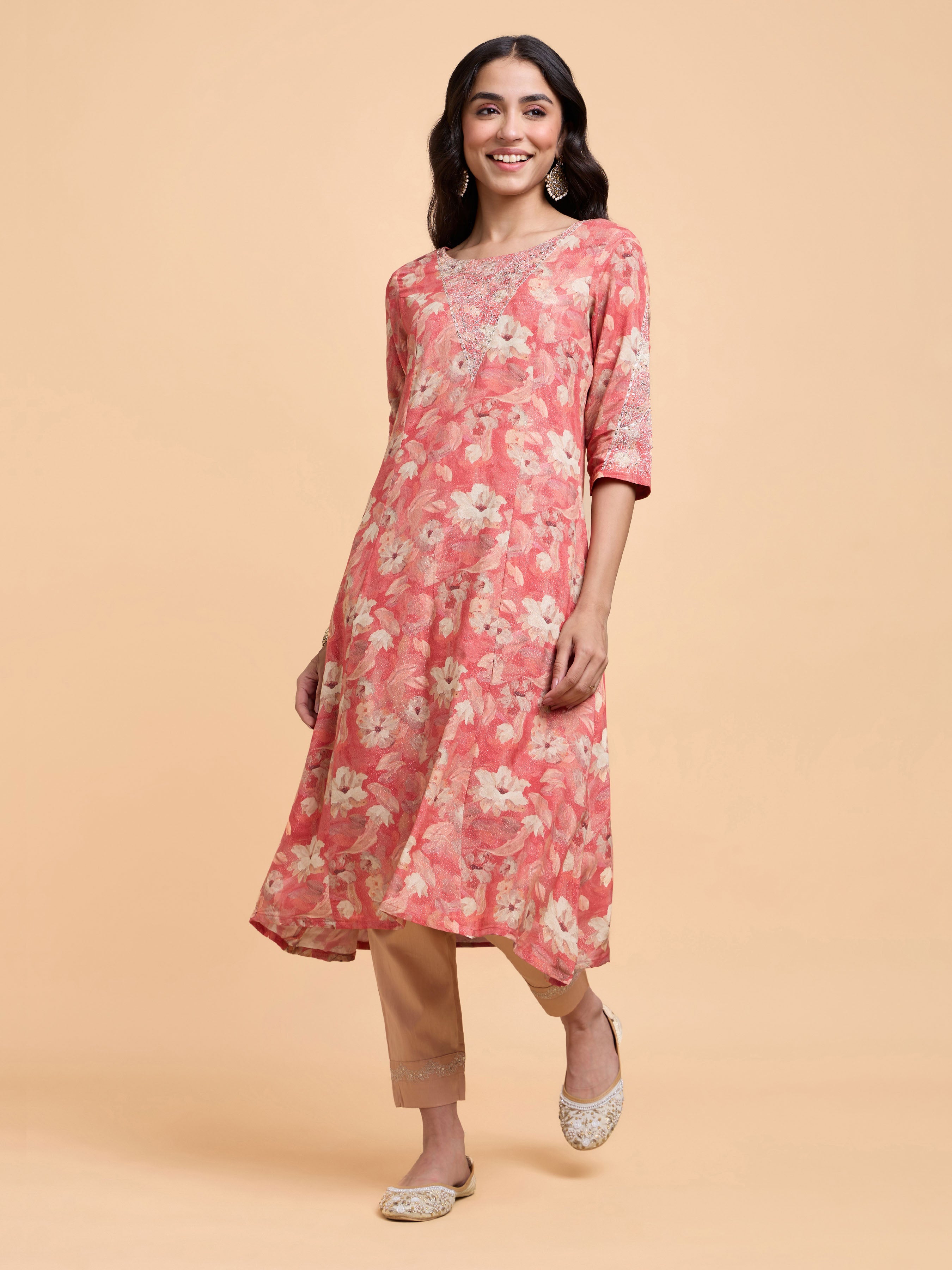 Peach Multicolour Viscose Shimmer Printed Flared Kurti Set With Embroidery And Sequins Work