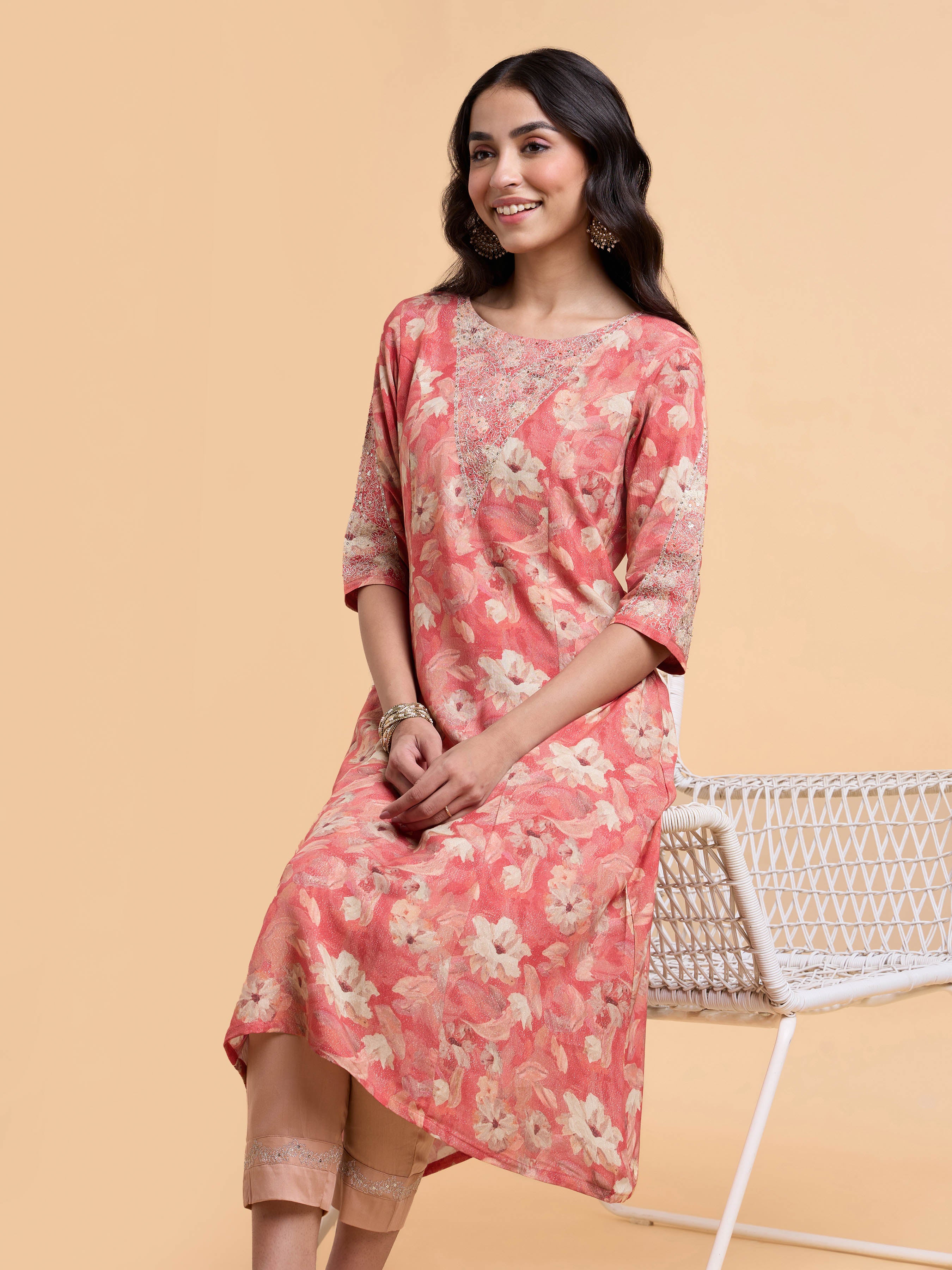 Peach Multicolour Viscose Shimmer Printed Flared Kurti Set With Embroidery And Sequins Work