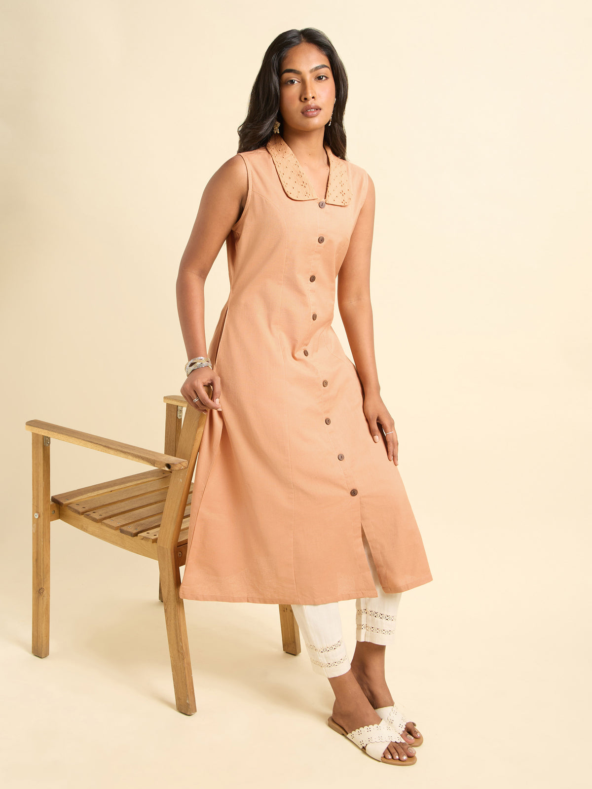 Peach Orange Cotton Flax Kurti With Hakoba Fabric Collar Detailing
