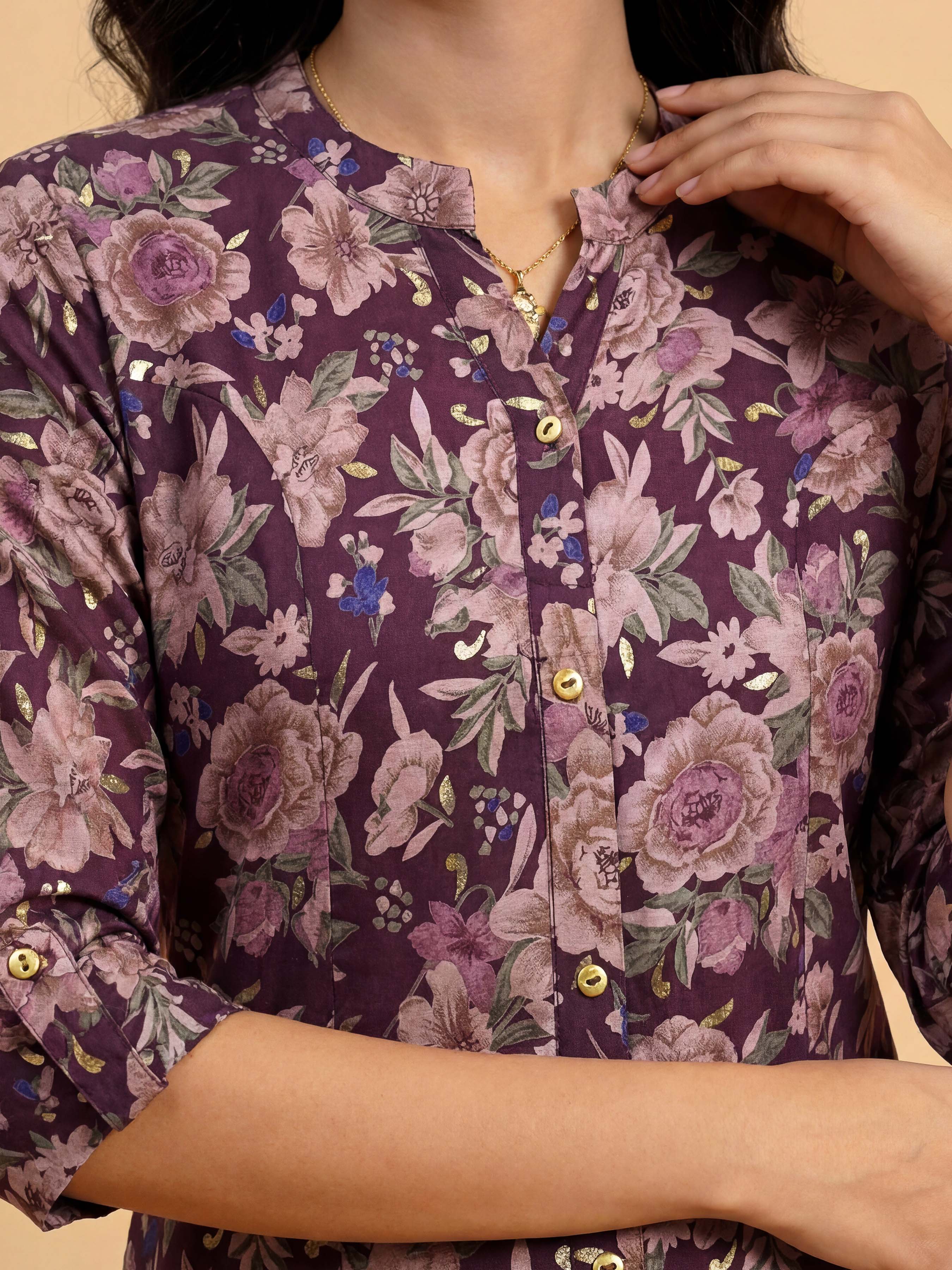 Wine Red Viscose Blend Printed Flared Kurti With Princess Cut