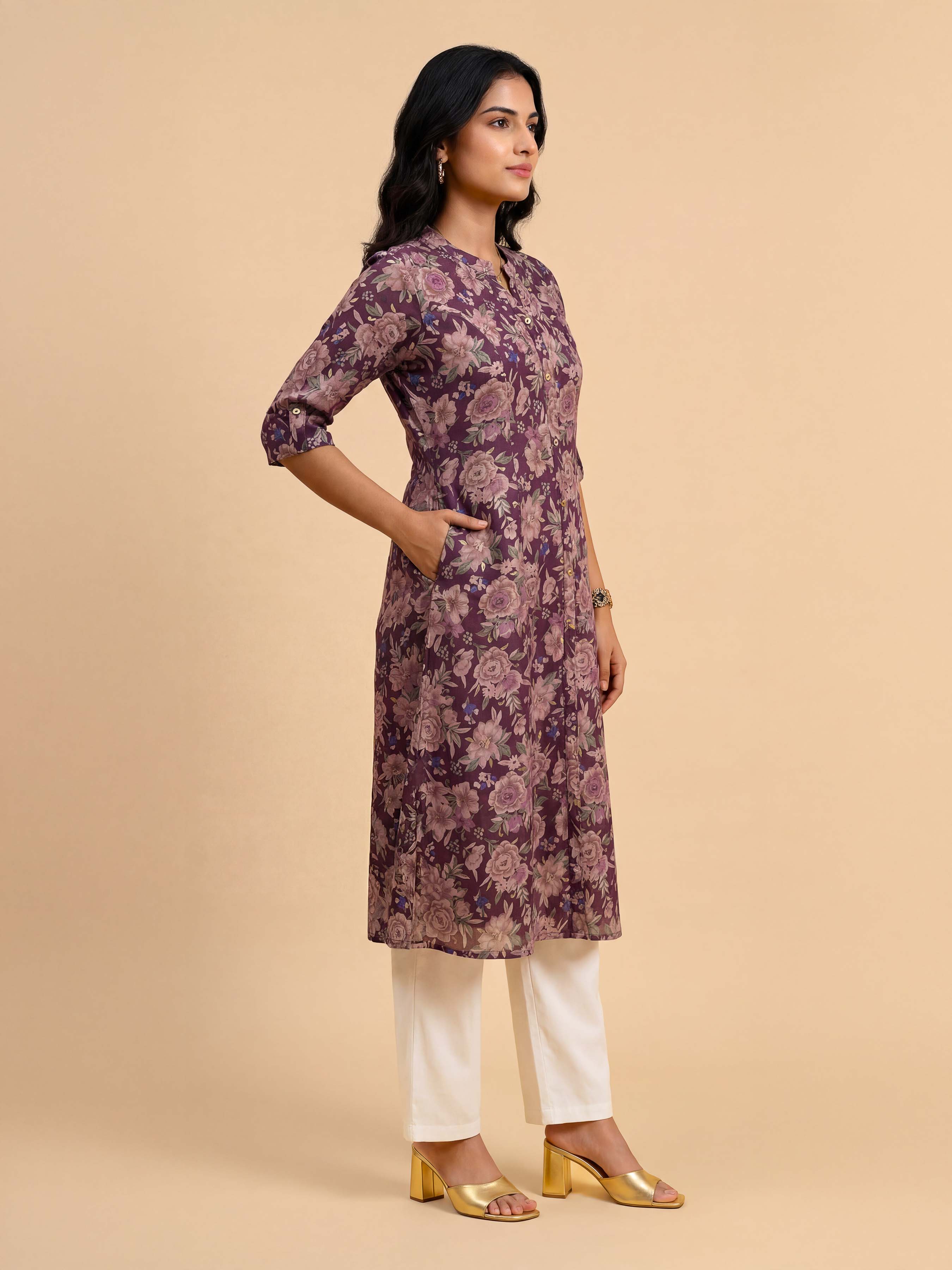 Wine Red Viscose Blend Printed Flared Kurti With Princess Cut