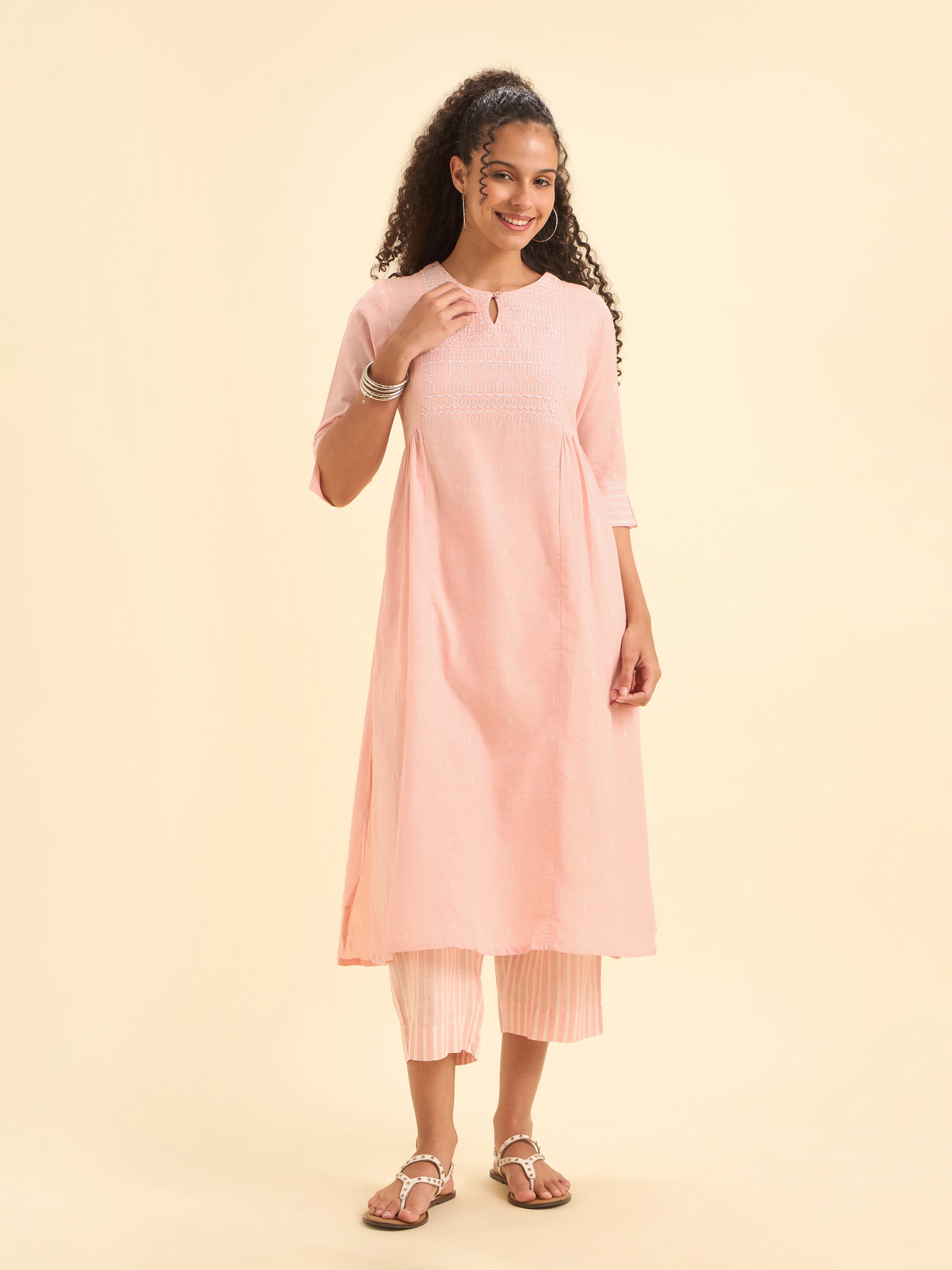 Pink White Cotton Dobby Plain Flaredkurti Set With Embroidery And Curved Hem