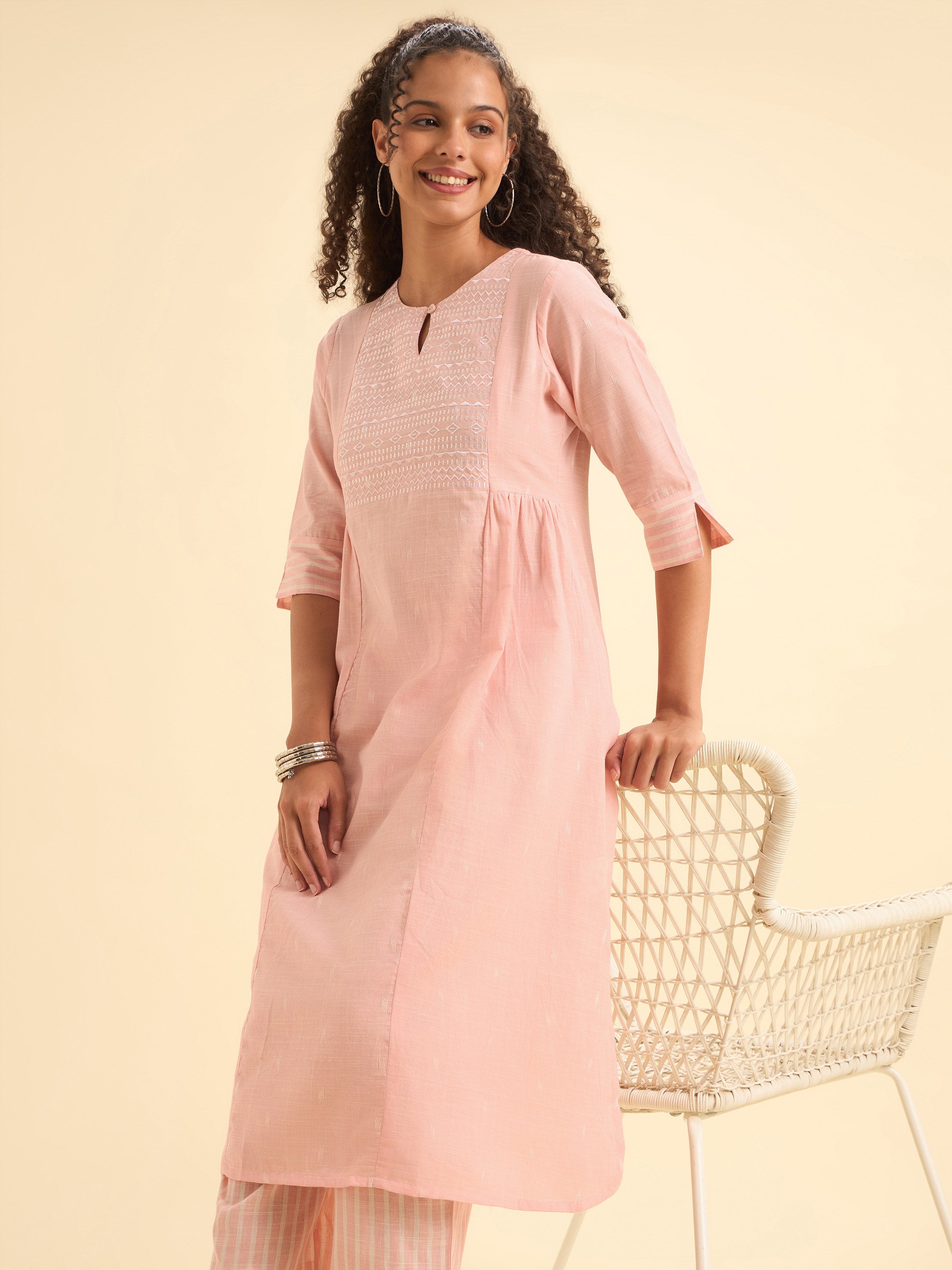 Pink White Cotton Dobby Plain Flaredkurti Set With Embroidery And Curved Hem