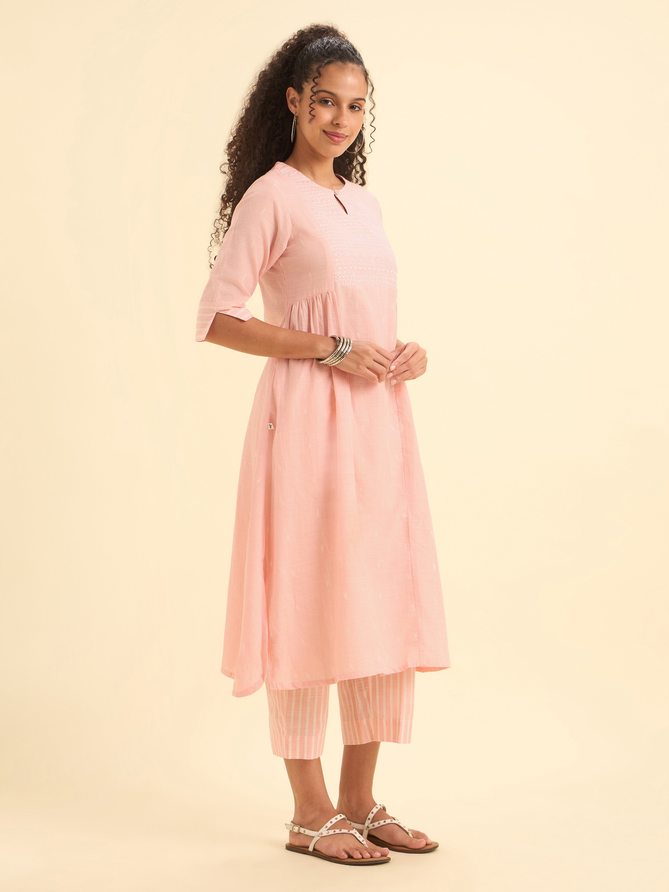Pink White Cotton Dobby Plain Flaredkurti Set With Embroidery And Curved Hem