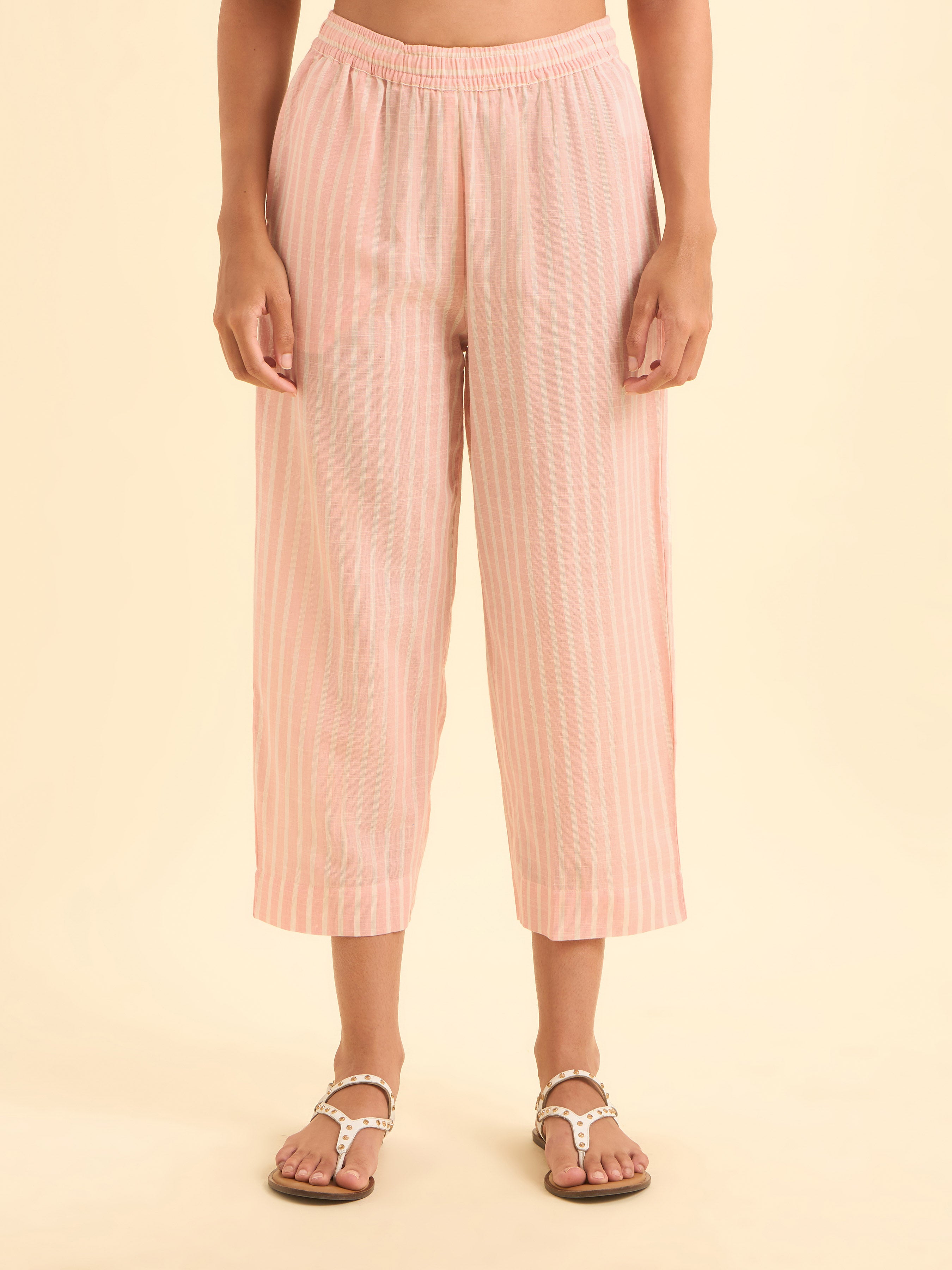 Pink White Cotton Dobby Plain Flaredkurti Set With Embroidery And Curved Hem-Bottom