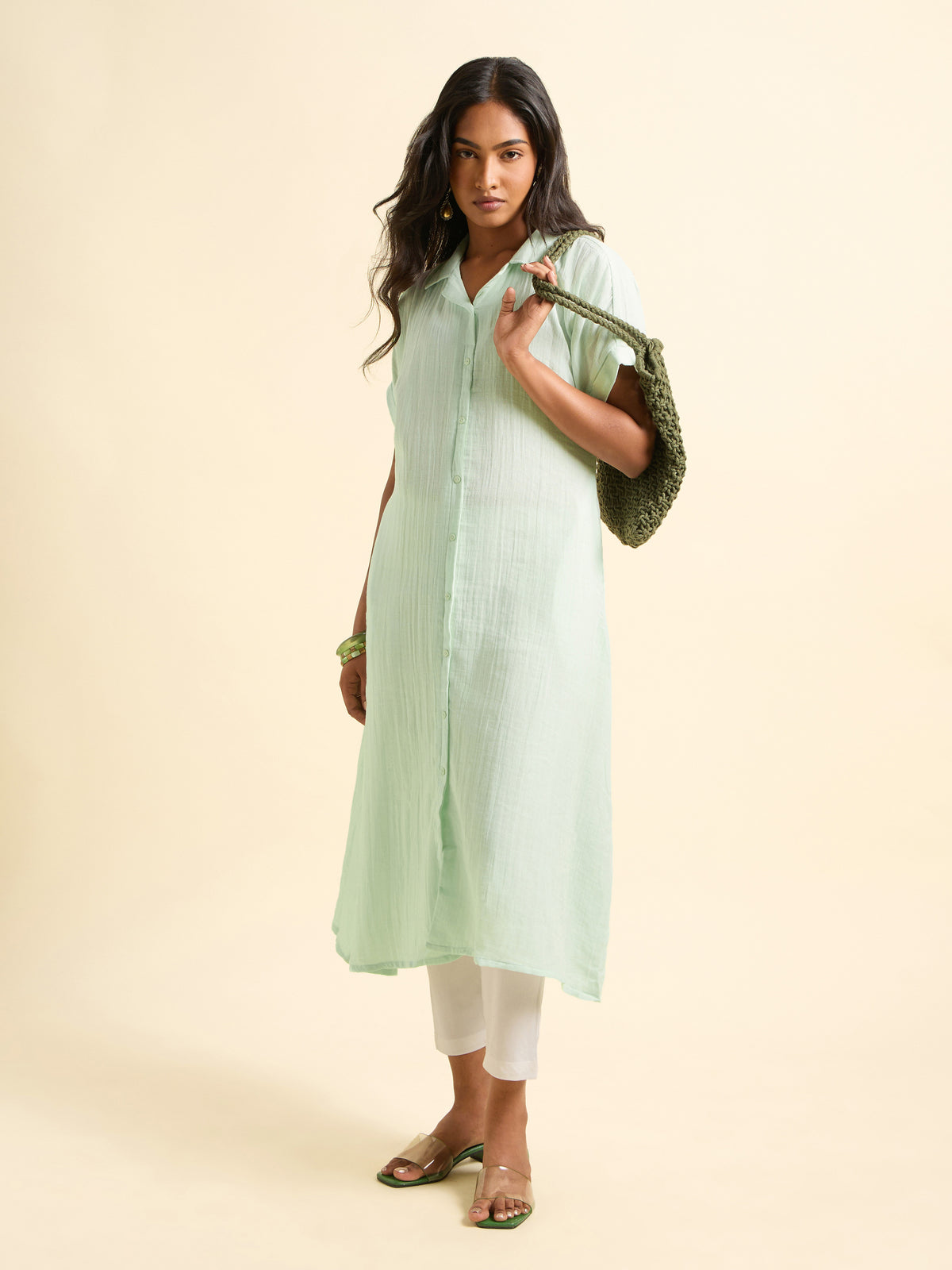 Pista Green Cotton Double Cloth Flared Kurti With Extended Shoulder Sleeve