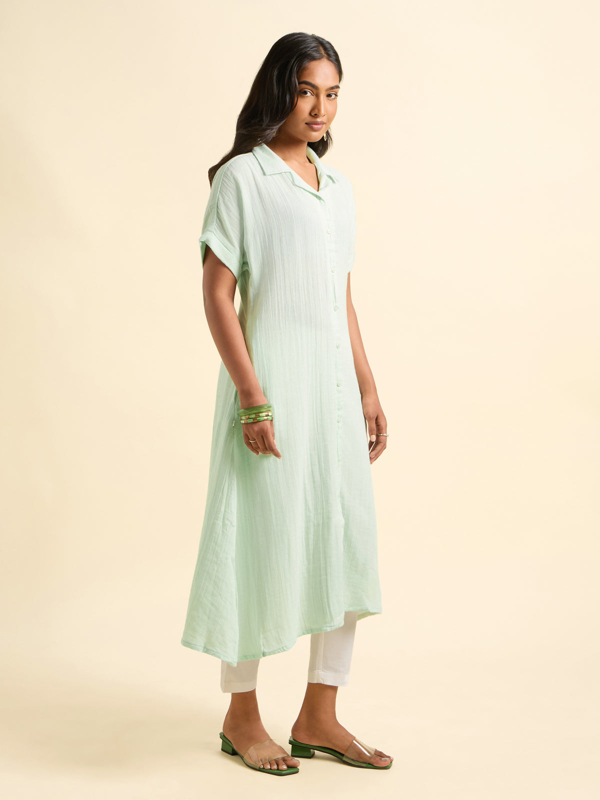Pista Green Cotton Double Cloth Flared Kurti With Extended Shoulder Sleeve