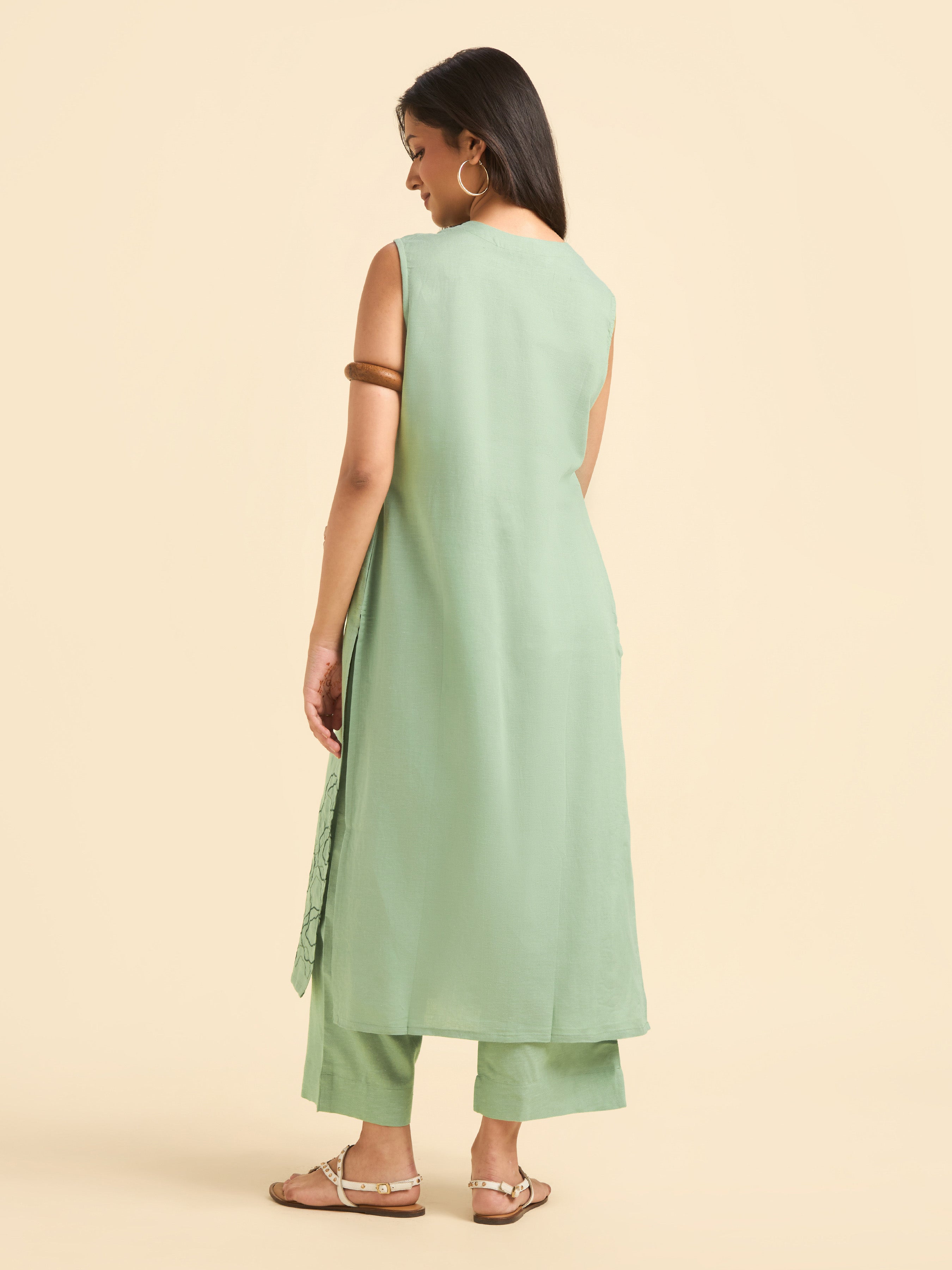 Pista Green Cotton Linen Kurti Set With Embroidery