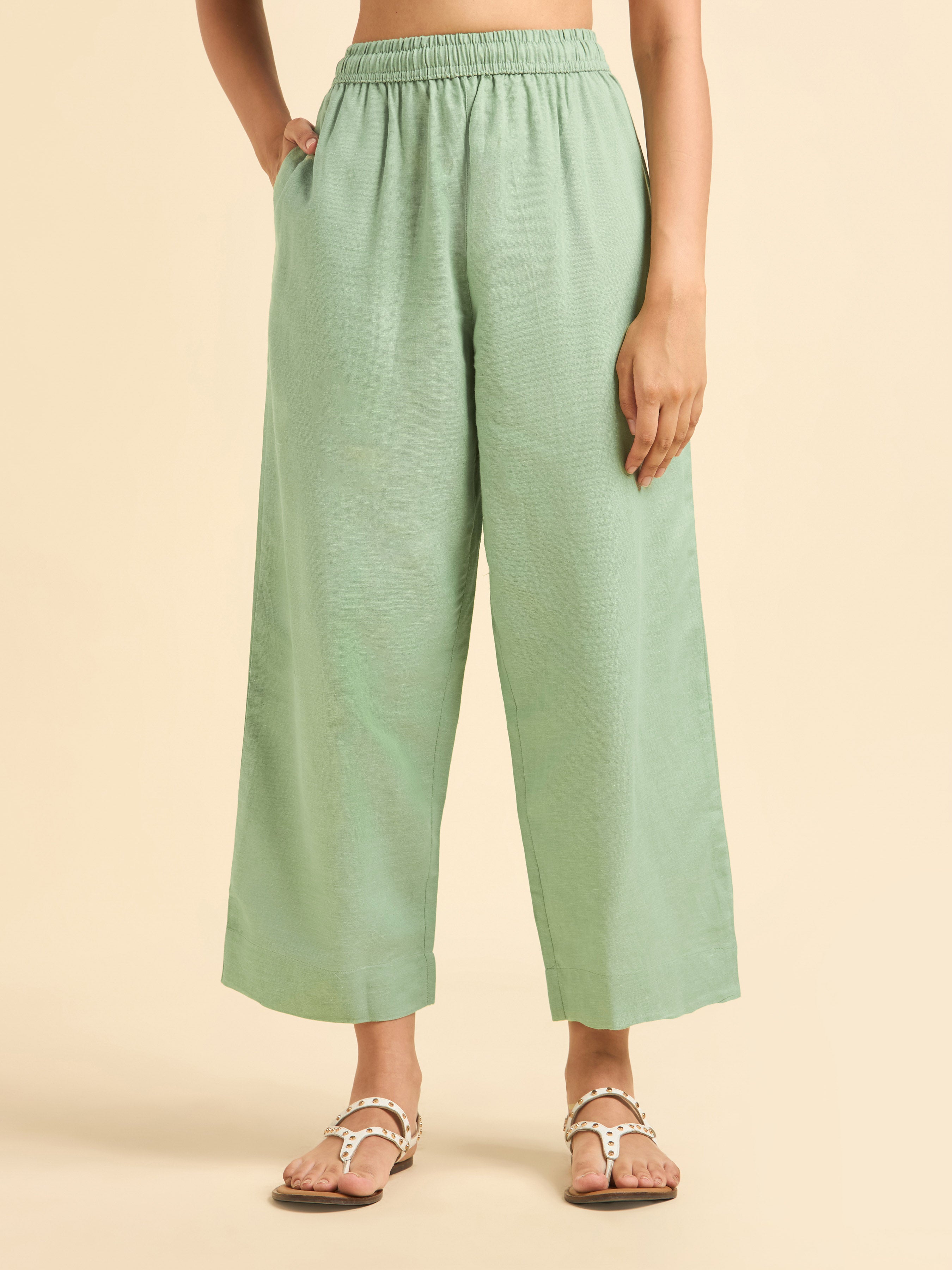 Pista Green Cotton Linen Kurti Set With Embroidery