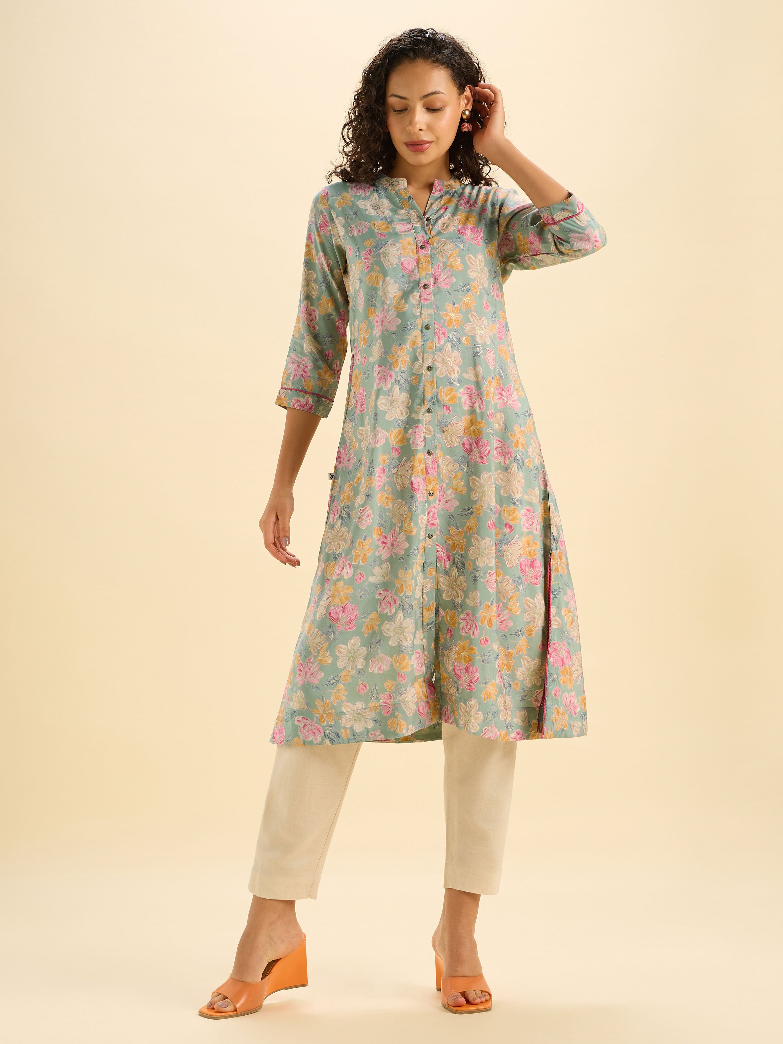Pista Green Modal chanderi Printed Kurti With Lace